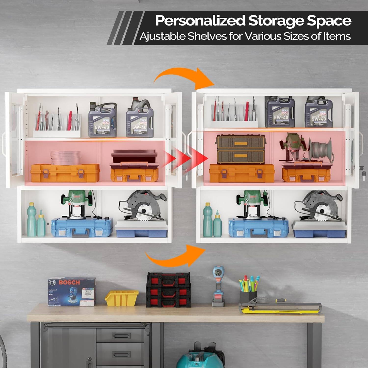 Personalized Storage Space  
Adjustable Shelves for Various Sizes of Items  

5W-40  
5W-40  
5W-40  
BOSCH