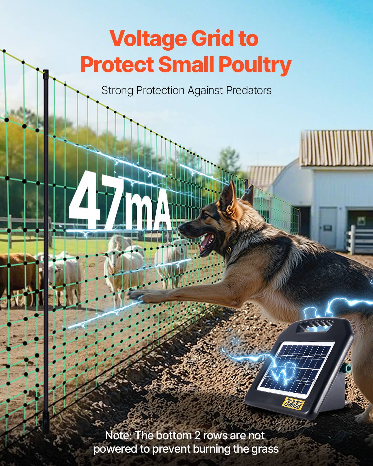 Voltage Grid to Protect Small Poultry  
Strong Protection Against Predators  

47mA  

Note: The bottom 2 rows are not powered to prevent burning the grass
