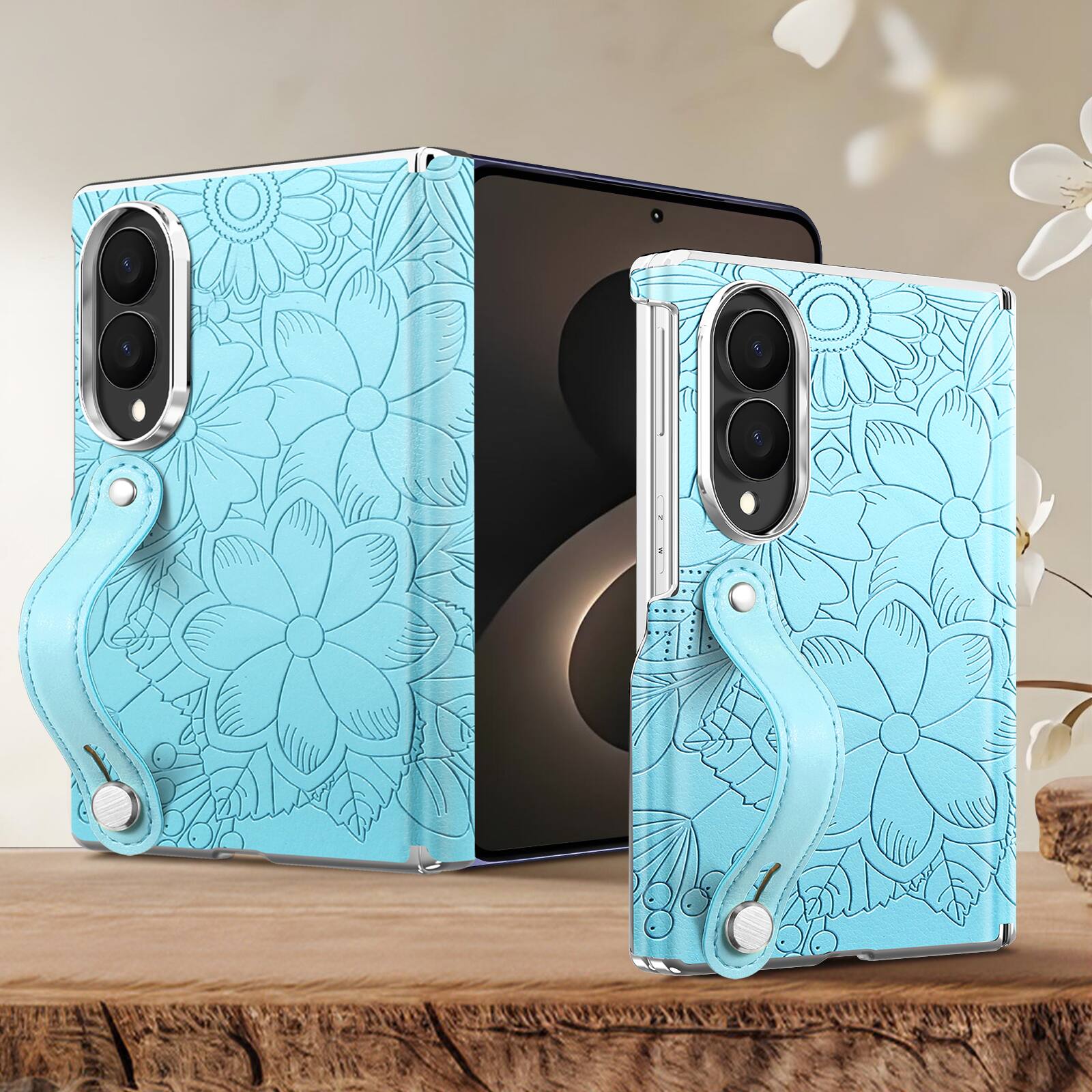 Alt View 3. Dteck - Shockproof Case for Samsung Galaxy Z Fold8 with Wristband, Floral Leather Texture Rigid Plastic Hinge Protective Cover - Blue.