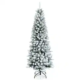 Costway - 6.5ft Snow-Flocked Hinged Artificial Christmas Pencil Tree w/ 829 Mixed Tips - Green/White
