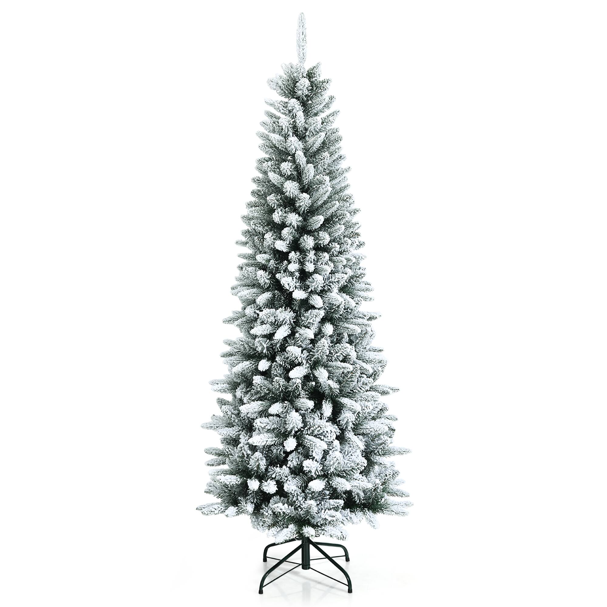 Costway - 6.5ft Snow-Flocked Hinged Artificial Christmas Pencil Tree w/ 829 Mixed Tips - Green/White