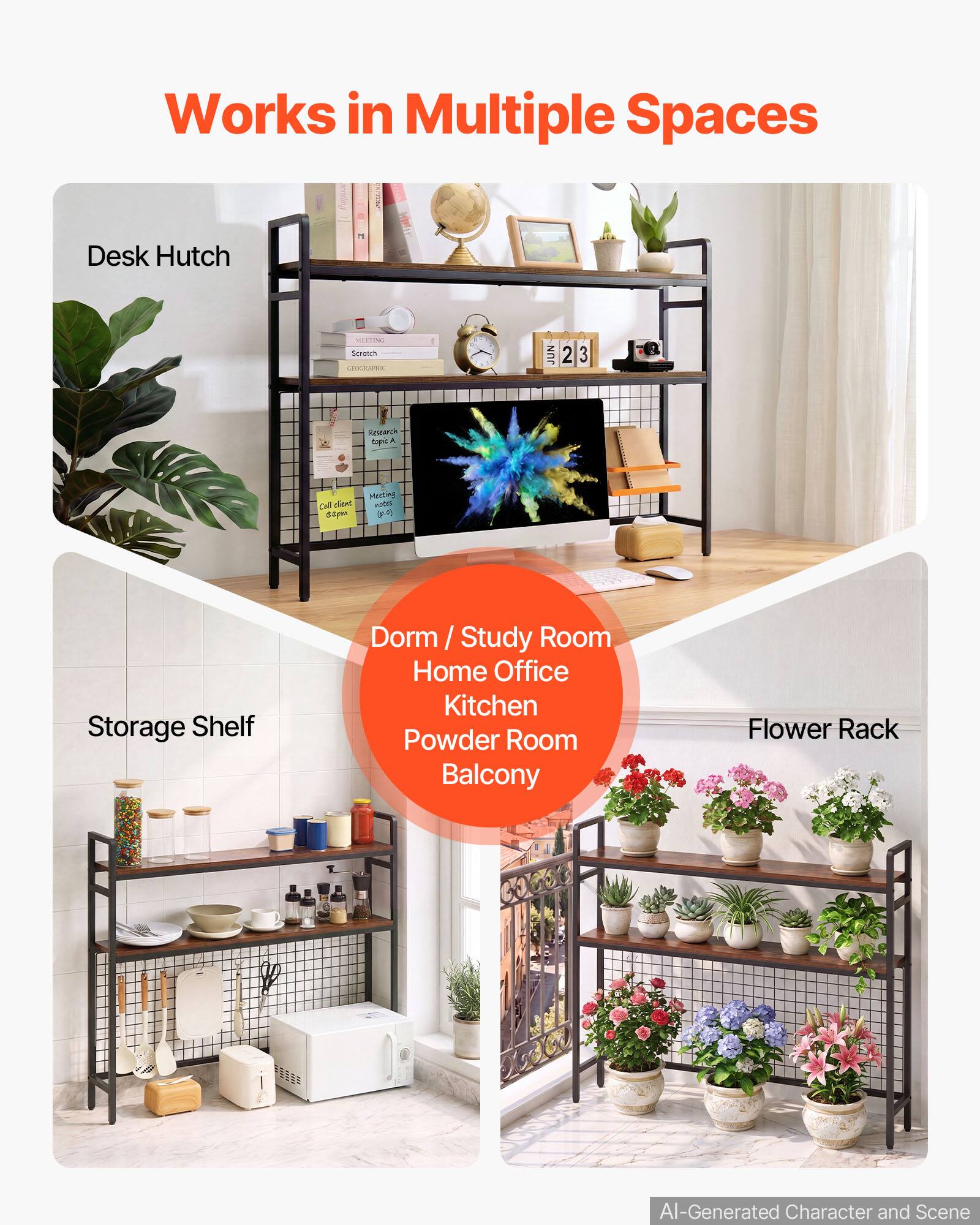 Works in Multiple Spaces

Desk Hutch

Storage Shelf

Dorm / Study Room
Home Office
Kitchen
Powder Room
Balcony

Flower Rack

AI-Generated Character and Scene