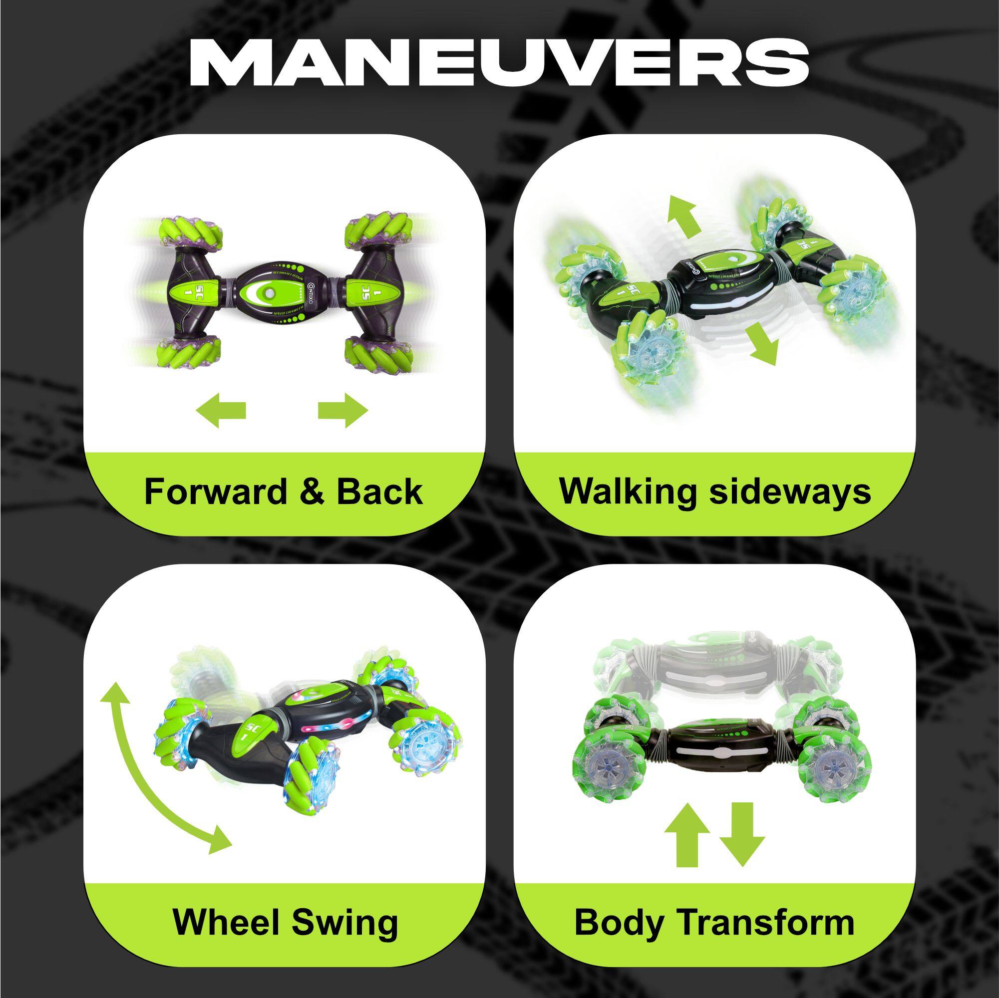 MANEUVERS

- Forward & Back
- Walking sideways
- Wheel Swing
- Body Transform