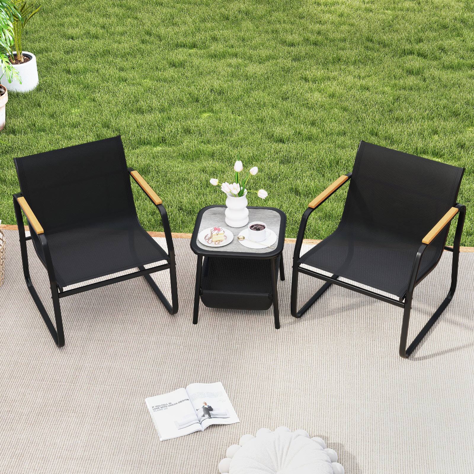 Alt View 1. Gymax - Gymax 3 PCS Patio Furniture Set w/ Breathable Mesh Fabric & Metal Frame Garden - Black.