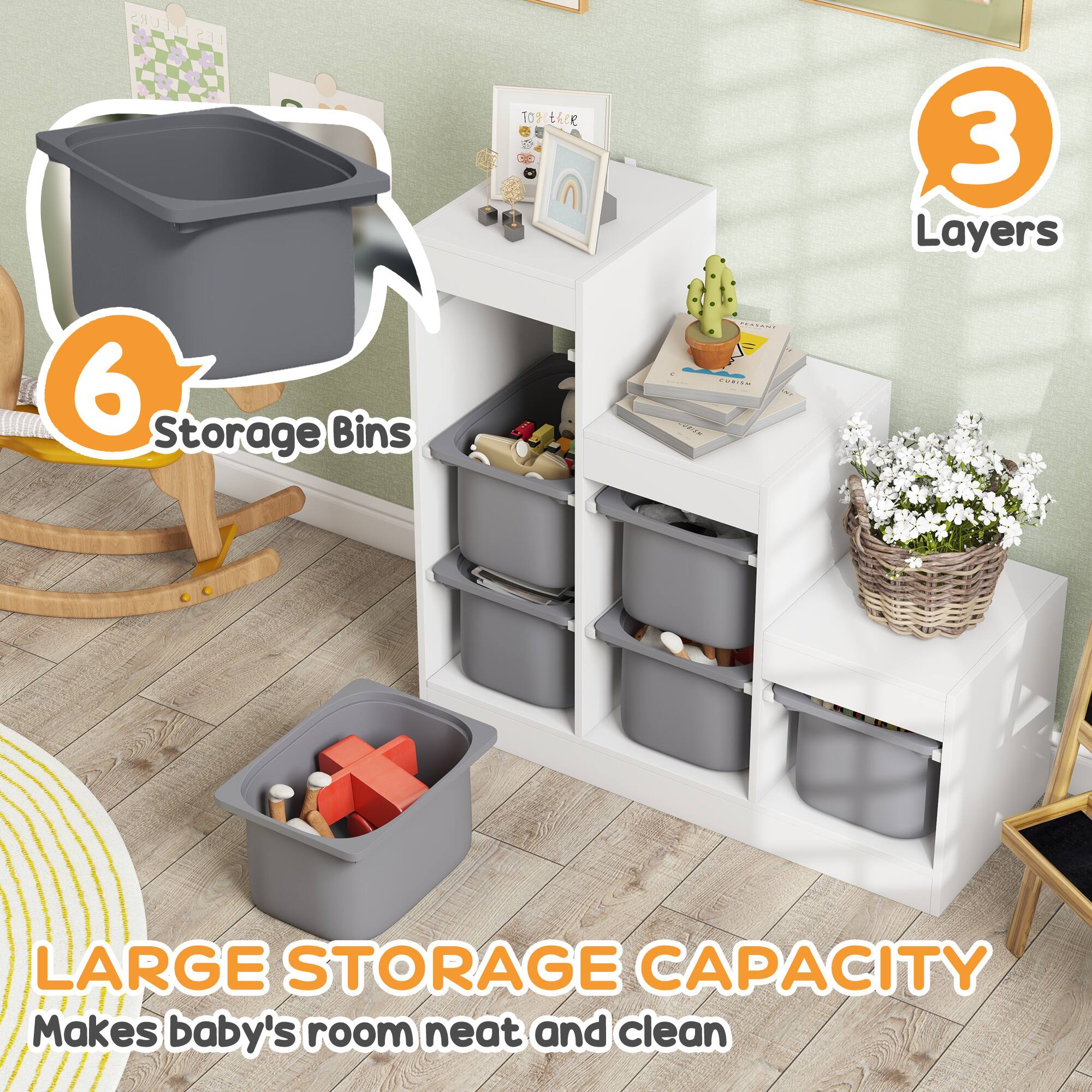 6 Storage Bins  
3 Layers  
LARGE STORAGE CAPACITY  
Makes baby's room neat and clean