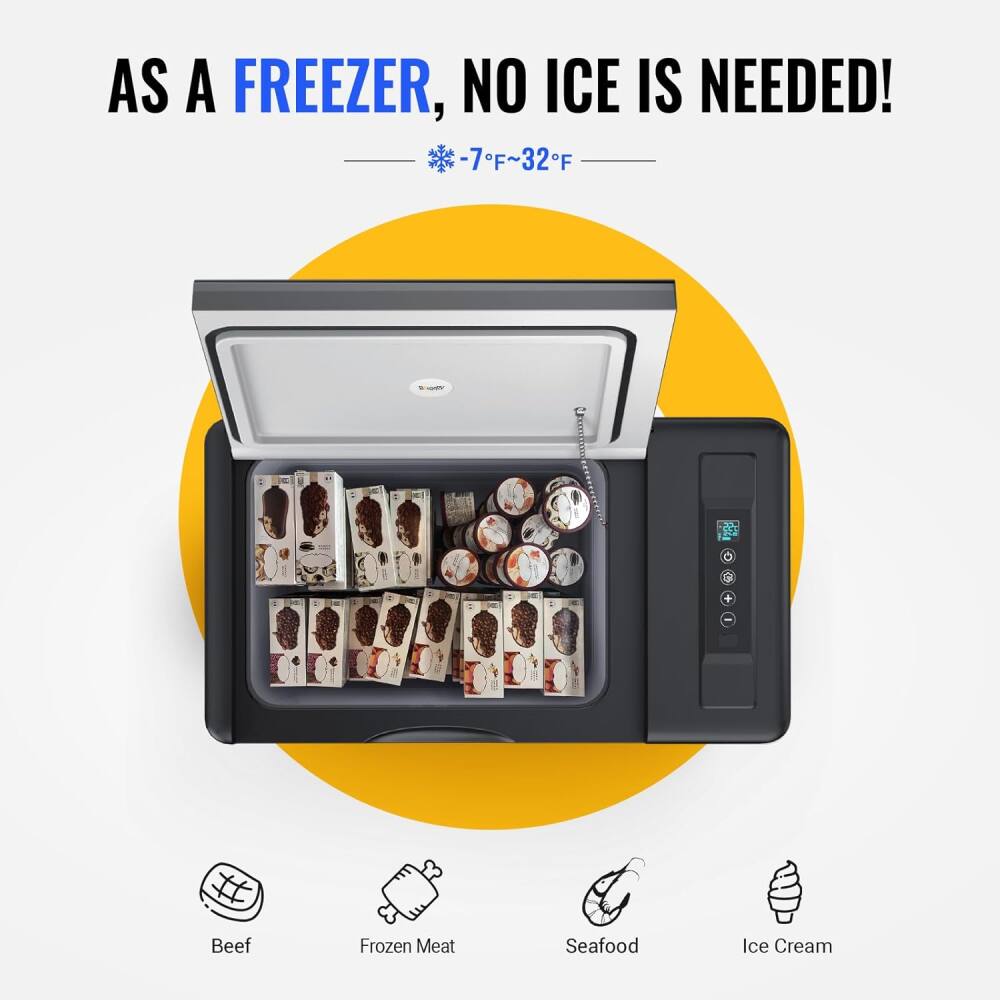 AS A FREEZER, NO ICE IS NEEDED!  
-7°F ~ 32°F  

Beef  
Frozen Meat  
Seafood  
Ice Cream