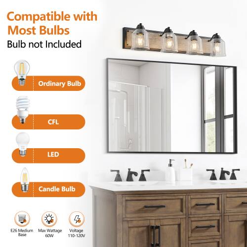 Compatible with Most Bulbs  
Bulb not Included  
Ordinary Bulb  
CFL  
LED  
Candle Bulb  

E26 Medium Base  
Max Wattage: 60W  
Voltage: 110-120V