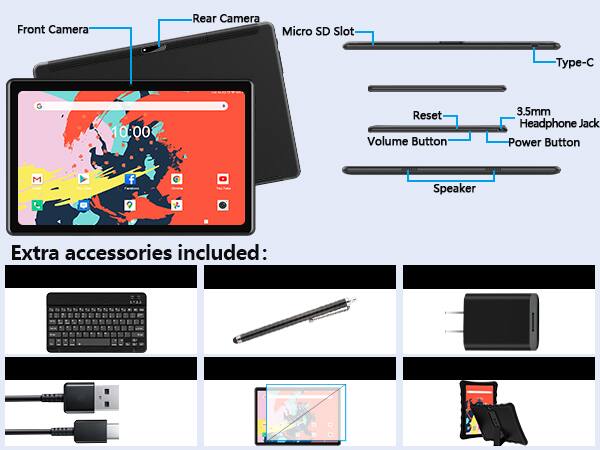 Front Camera, Rear Camera, Micro SD Slot, Type-C, Reset, Volume Button, 3.5mm Headphone Jack, Power Button, Speaker, Extra accessories included: