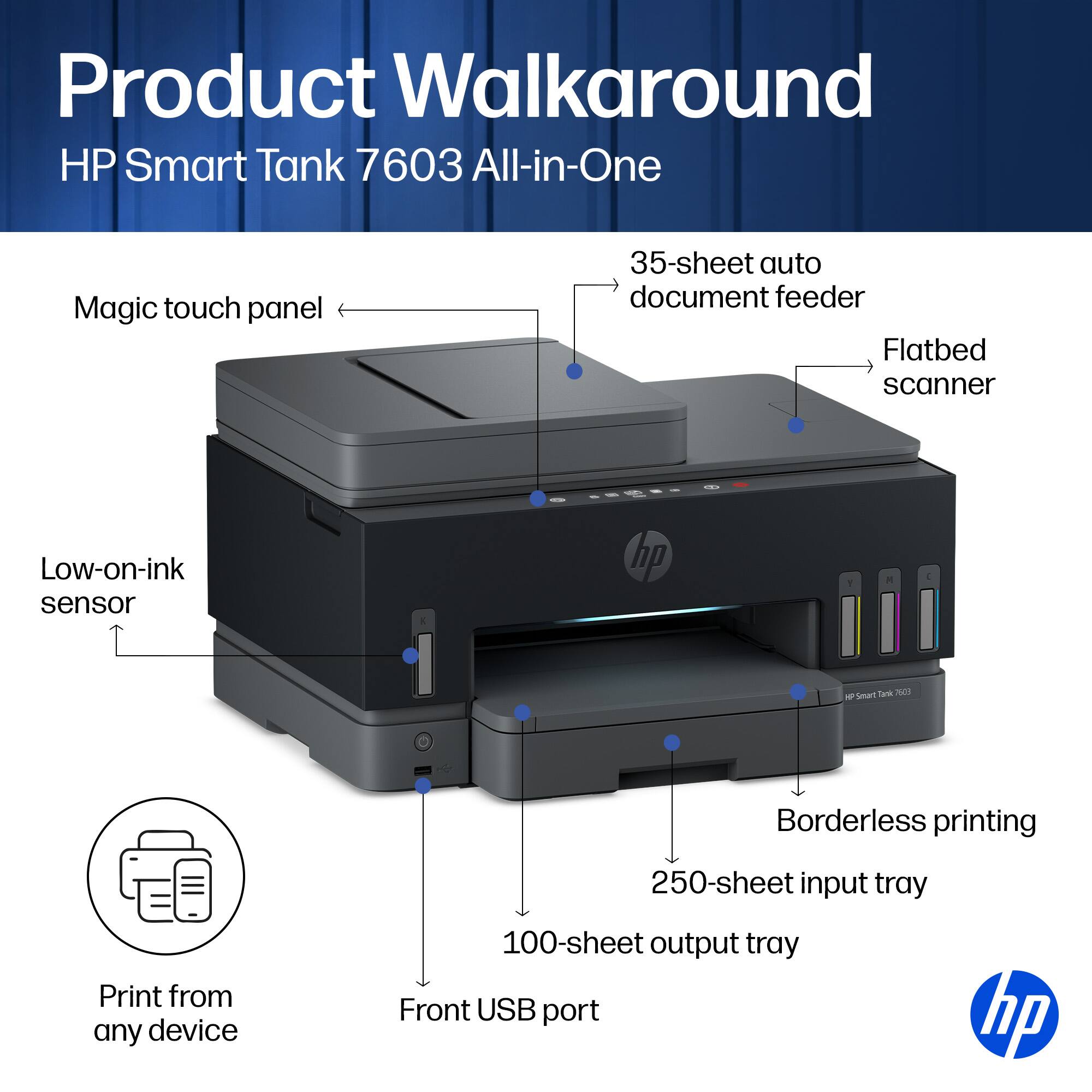 Product Walkaround HP Smart Tank 7603 All-in-One

- Magic touch panel
- 35-sheet auto document feeder
- Flatbed scanner
- Low-on-ink sensor
- Borderless printing
- 250-sheet input tray
- 100-sheet output tray
- Front USB port
- Print from any device
