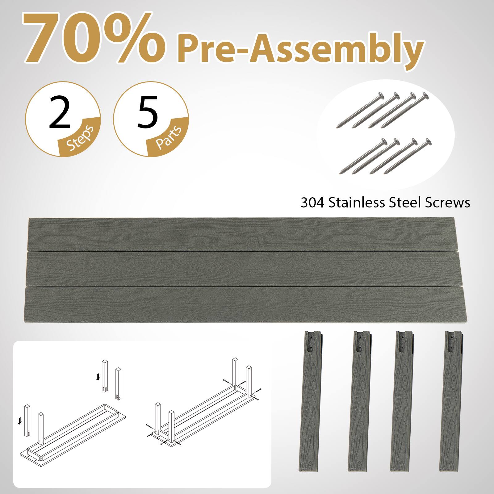 70% Pre-Assembly, 2 Steps, 5 Parts, 304 Stainless Steel Screws