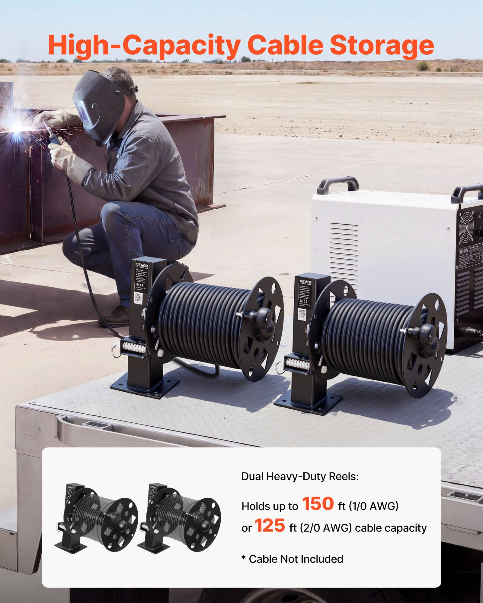 High-Capacity Cable Storage

VEVOR 33-3 Dual Heavy-Duty Reels: Holds up to 150 ft (1/0 AWG) or 125 ft (2/0 AWG) cable capacity + Cable Not Included