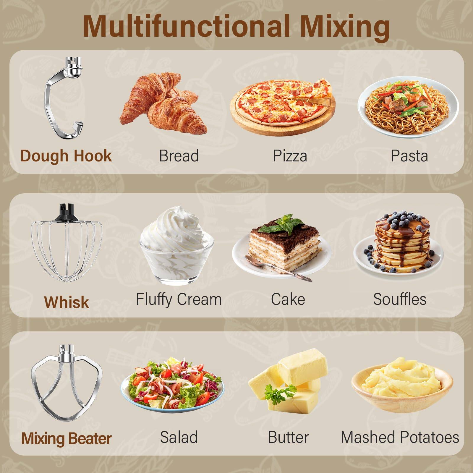 Multifunctional Mixing

- Dough Hook
- Bread
- Pizza
- Pasta
- Whisk
- Fluffy Cream
- Cake
- Souffles
- Mixing Beater
- Salad
- Butter
- Mashed Potatoes