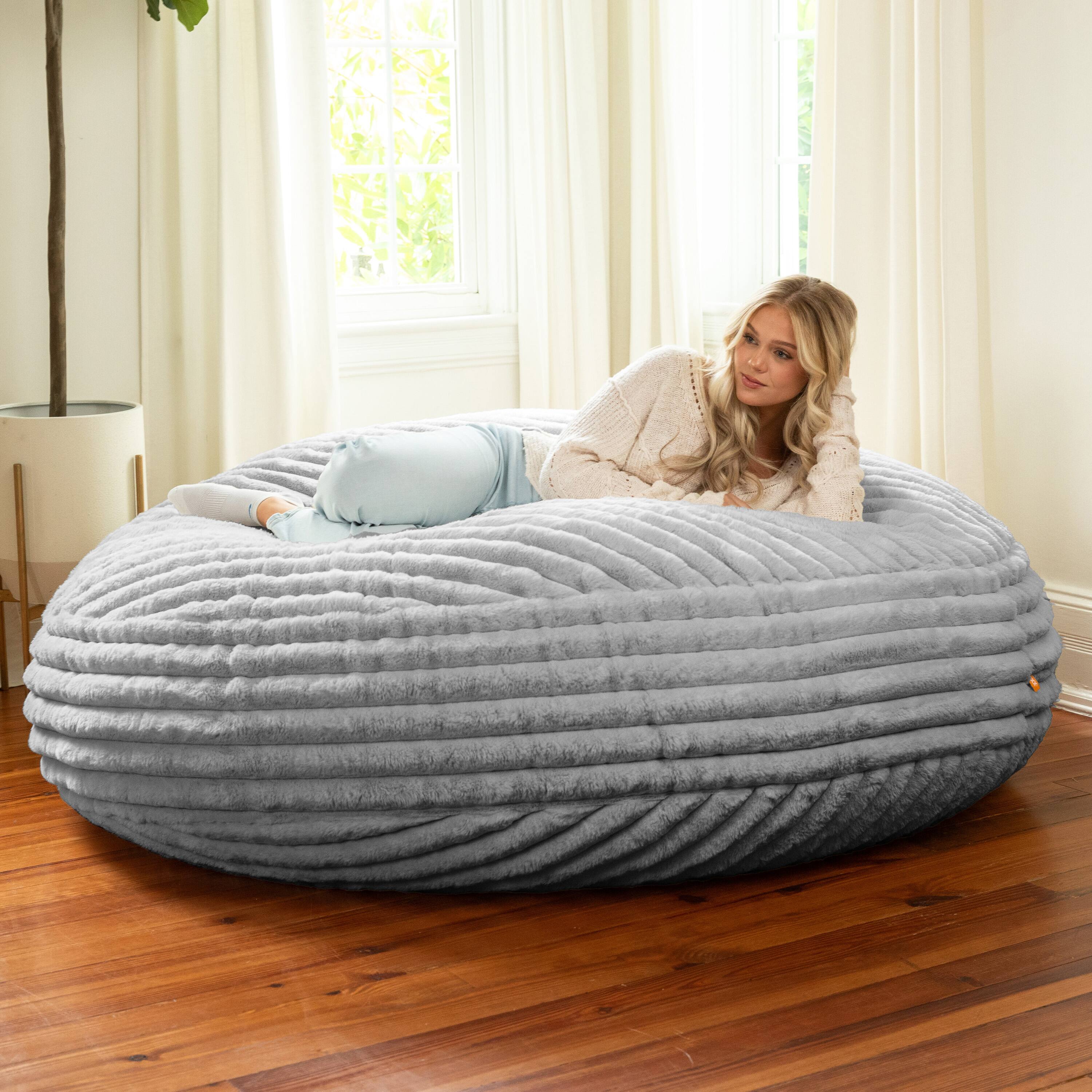 Angle. Jaxx - Jaxx 6 Foot Cocoon 2-in-1 Large Bean Bag Chair for Adults, Mondo Grey - Mondo Grey Faux Fur.