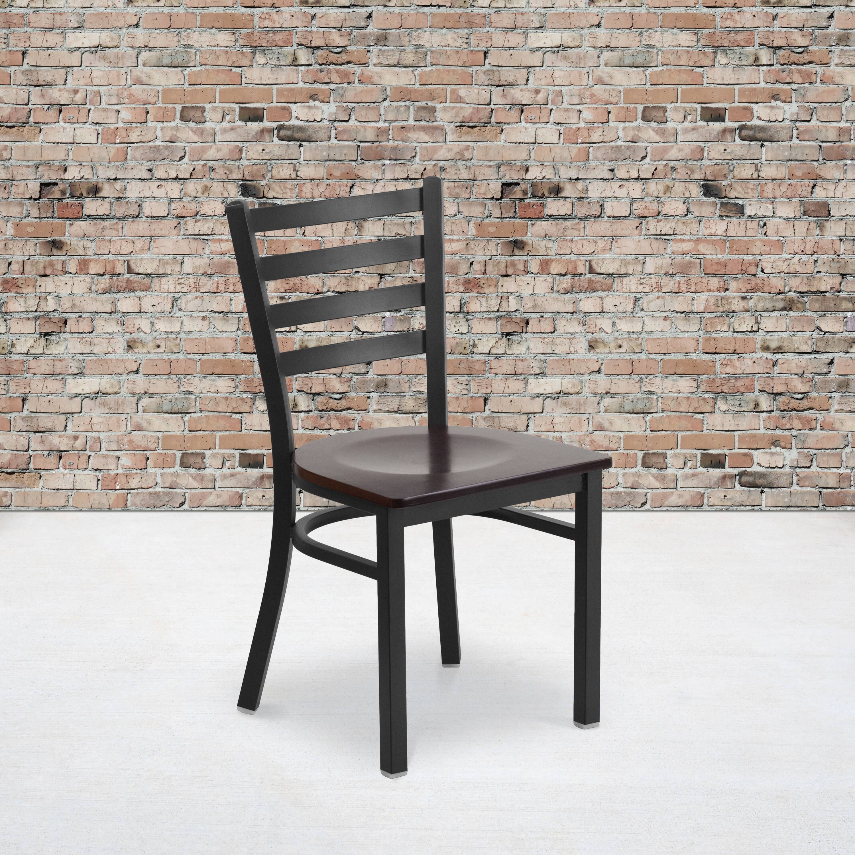 Alt View 2. Emma + Oliver - 2 Pack Ladder Back Metal Restaurant Chair - Walnut Wood Seat/Black Metal Frame.
