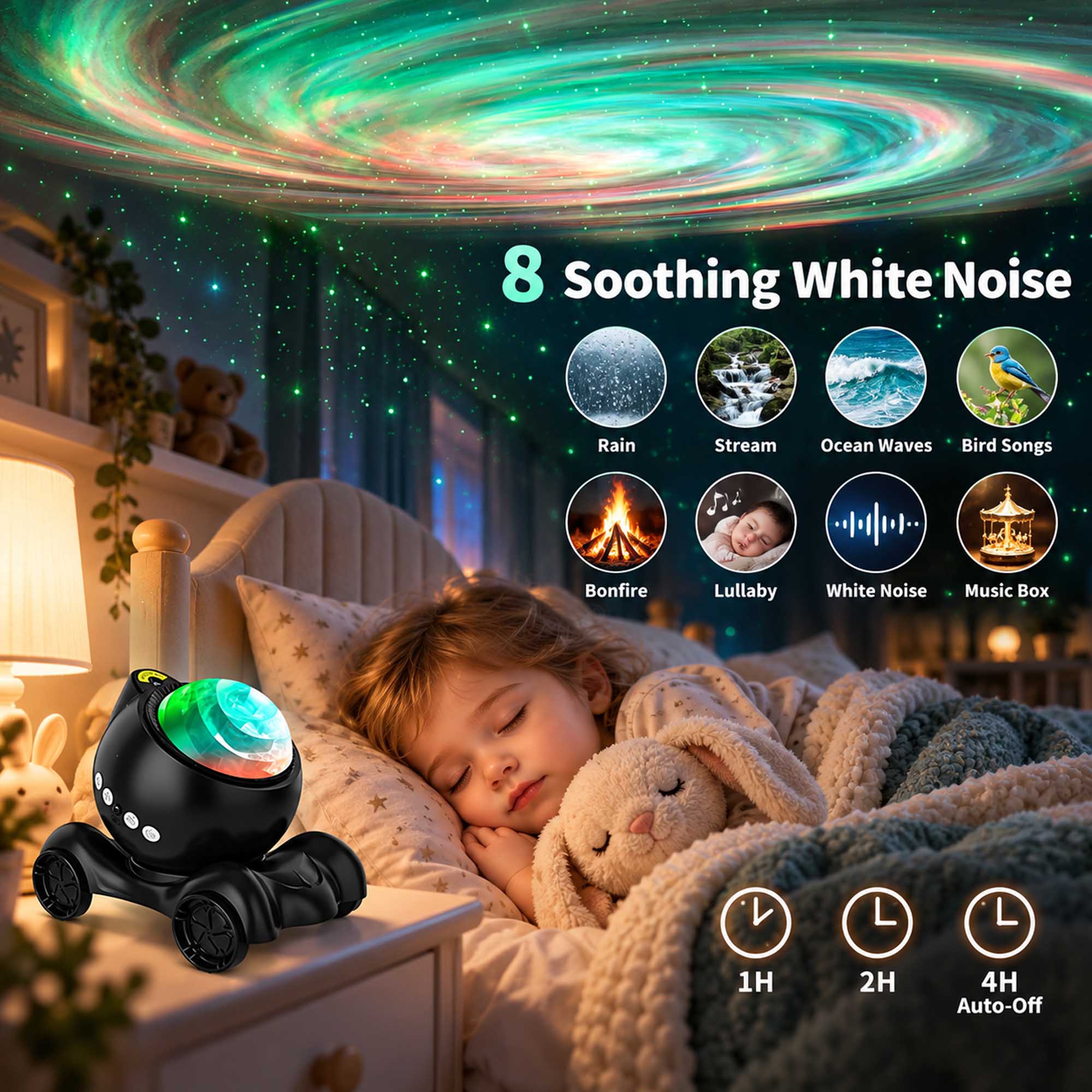 8 Soothing White Noise

- Rain
- Stream
- Ocean Waves
- Bird Songs
- Bonfire
- Lullaby
- White Noise
- Music Box

1H
2H
4H Auto-Off