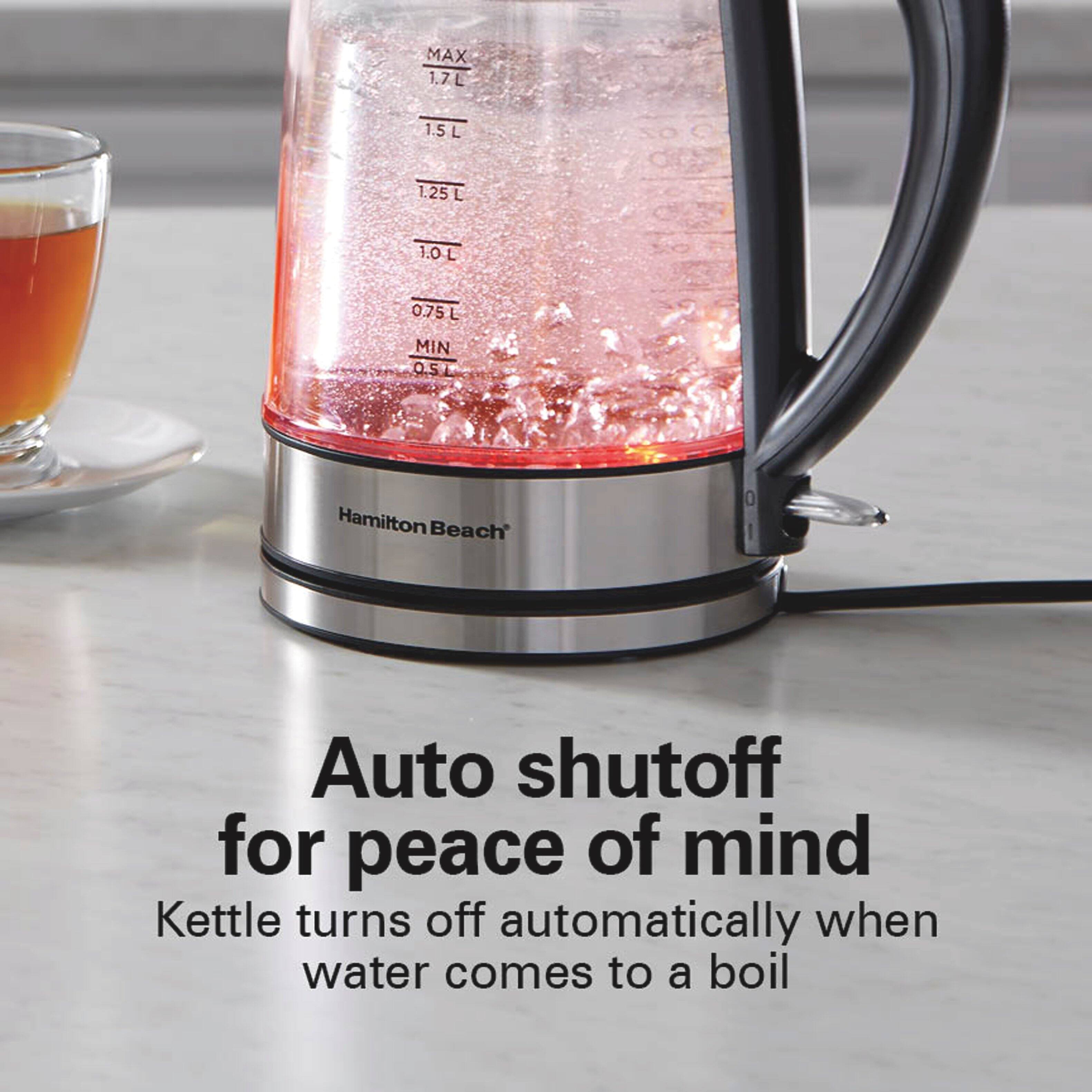 MAX 1.7L  
1.5L  
1.25L  
1.0L  
0.75L  
MIN 0.5L  

Hamilton Beach  

Auto shutoff for peace of mind  
Kettle turns off automatically when water comes to a boil