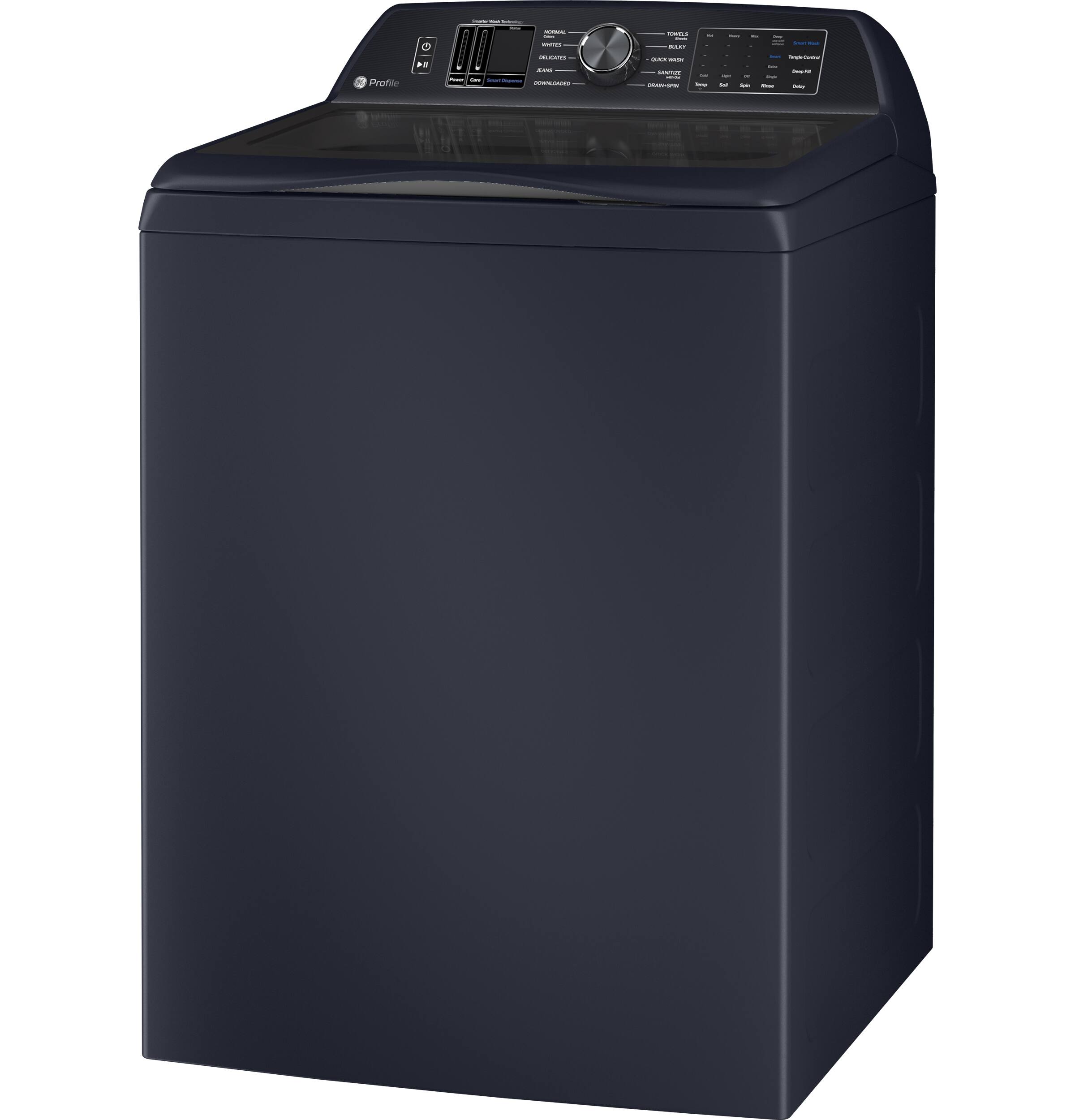 Left. GE Profile - 5.3 Cu. Ft. High-Efficiency Smart Top Load Washer with Adaptive SmartDispense - Sapphire Blue.