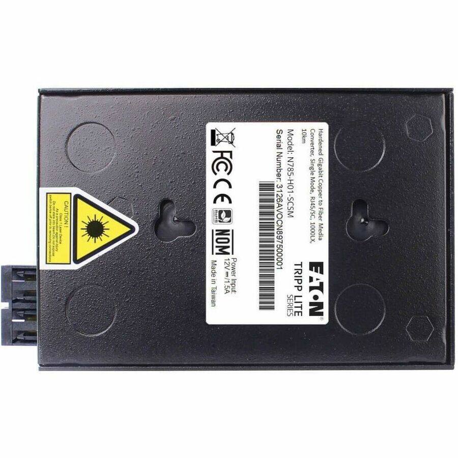 Sure, here is the corrected and grouped text from the image:

---

**Model:** N785-H01  
**Serial Number:** 3128AVOCN897500001  
**Hardened Converter:** Single Gigabit Mode, Copper to Fiber  
**Input:** 1000LX  
**Media:** 10km  
**Power Input:** 12V/1.5A  
**Made in Taiwan**  
**Made by:** TRIPP-LITE  
**Series:** TRIPP-LITE  
**Model Number:** 1089750001  
**Copper to Fiber:** RJ45/SC  
**FCC, CE, NOM**  

**Caution:**  
**Made in Taiwan**  

**TRIPP-LITE**  
**EATON SERIES LITE**  

---