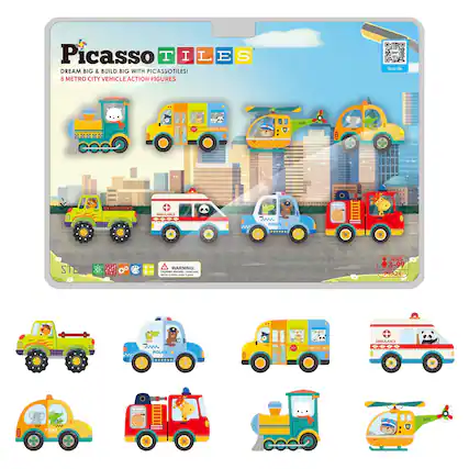 Picasso Tiles
Dream Big & Build Big with Picasso Tiles!
8 Metro City Vehicle Action Figures
Scan Me
Warning: Not for children under 3 years.
Ages 3-99
Police
Ambulance
Taxi
