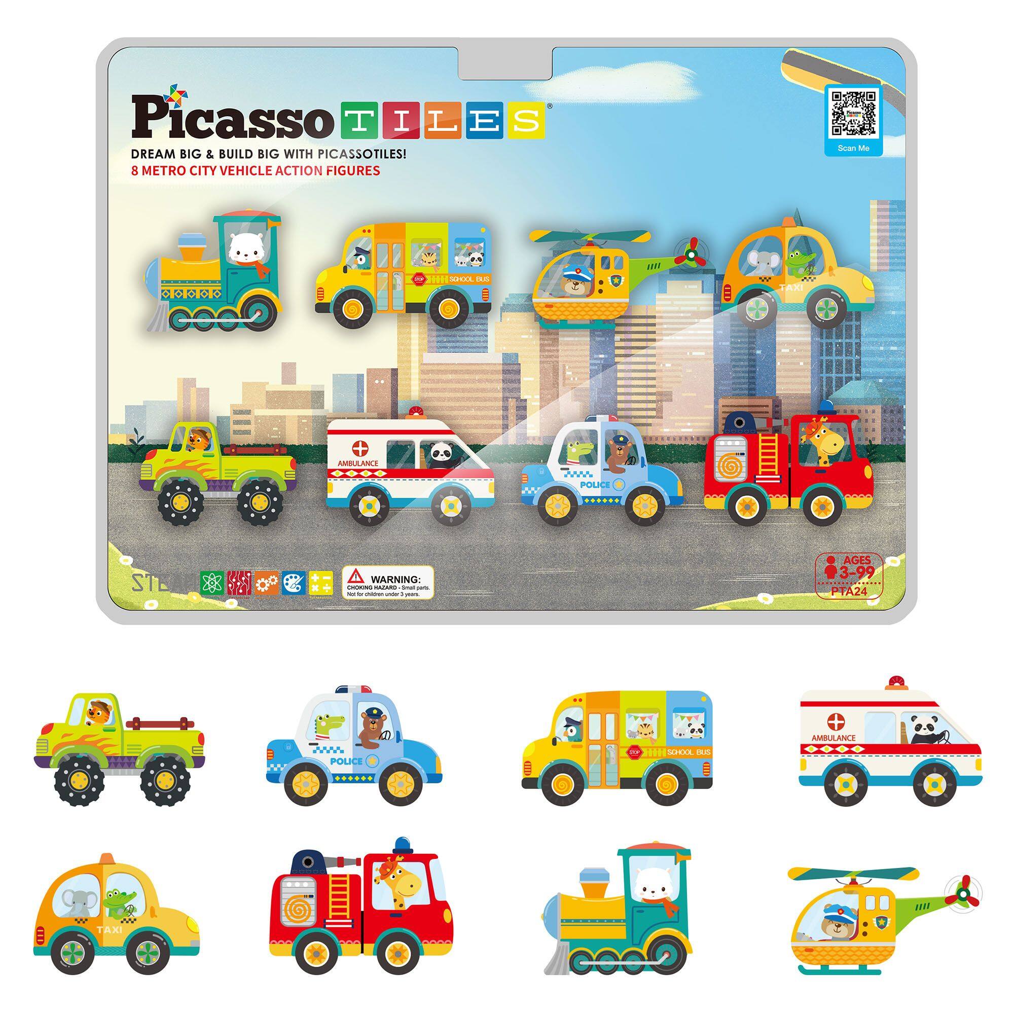 Picasso Tiles
Dream Big & Build Big with Picasso Tiles!
8 Metro City Vehicle Action Figures

Scan Me

Warning: Not for children under 3 years.
Ages 3-99

Police
Ambulance
Taxi