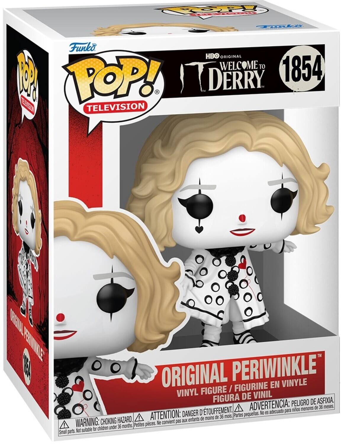 Funko POP! TELEVISION  
HBO ORIGINAL  
WELCOME TO DERRY 1854  

ORIGINAL PERIWINKLE  
VINYL FIGURE / FIGURINE EN VINYLE / FIGURA DE VINIL  

WARNING: CHOKING HAZARD. Small parts. Not suitable for children under 36 months.  
ADVERTENCIA: PELEIGRO DE ASFIXIA. D'TOUFFEMENT. No es adecuado para niños menores de 36 meses.  
ATTENTION: DANGER D'ÉTOUFFEMENT. Ne convient pas aux enfants de moins de 36 mois.