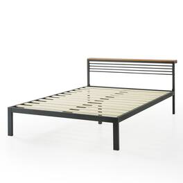 Mellow - HYLLE Metal & Wood Platform Bed Frame with Low Headboard Shelf, Full - Pine