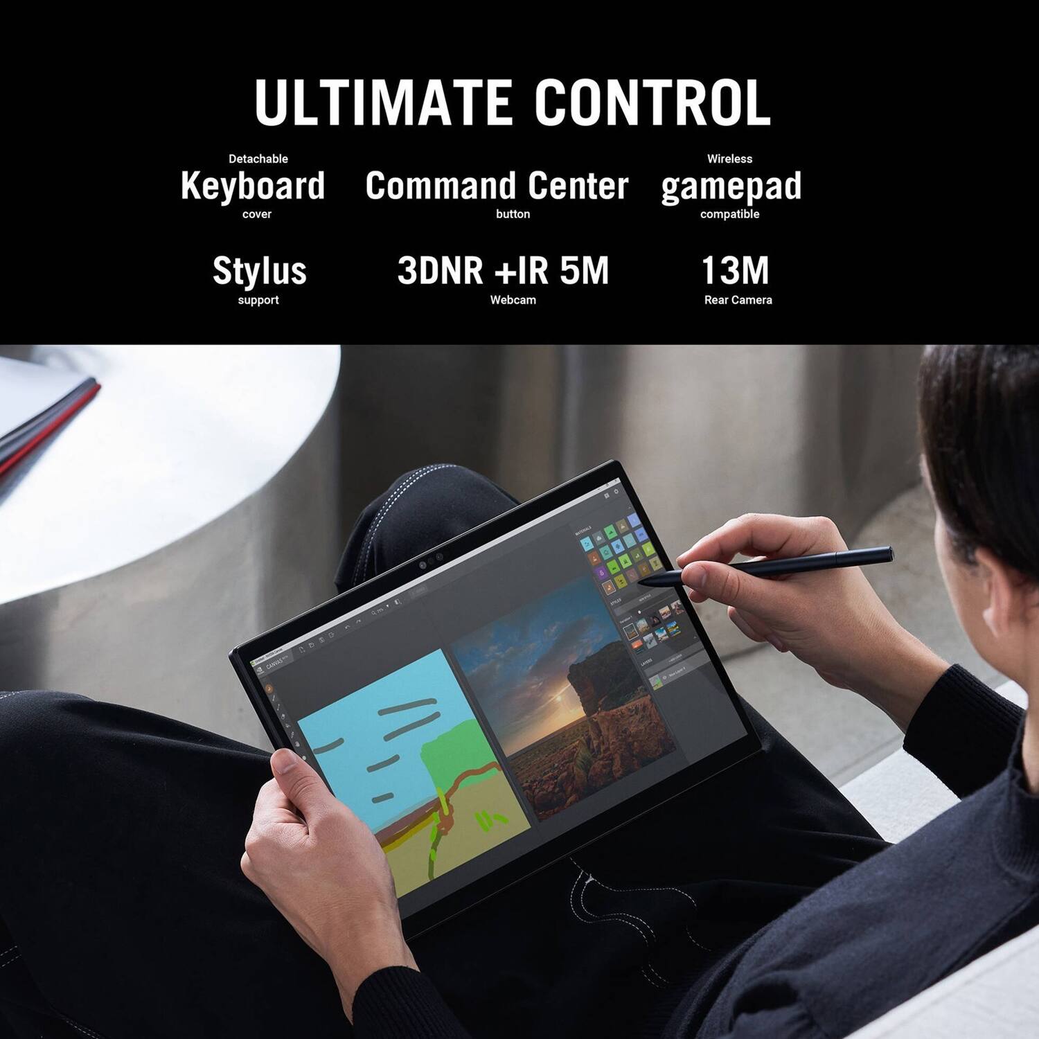 ULTIMATE CONTROL

- Detachable Wireless Keyboard
- Command Center gamepad
- Stylus support
- 3DNR + IR 5M Webcam
- 13M Rear Camera