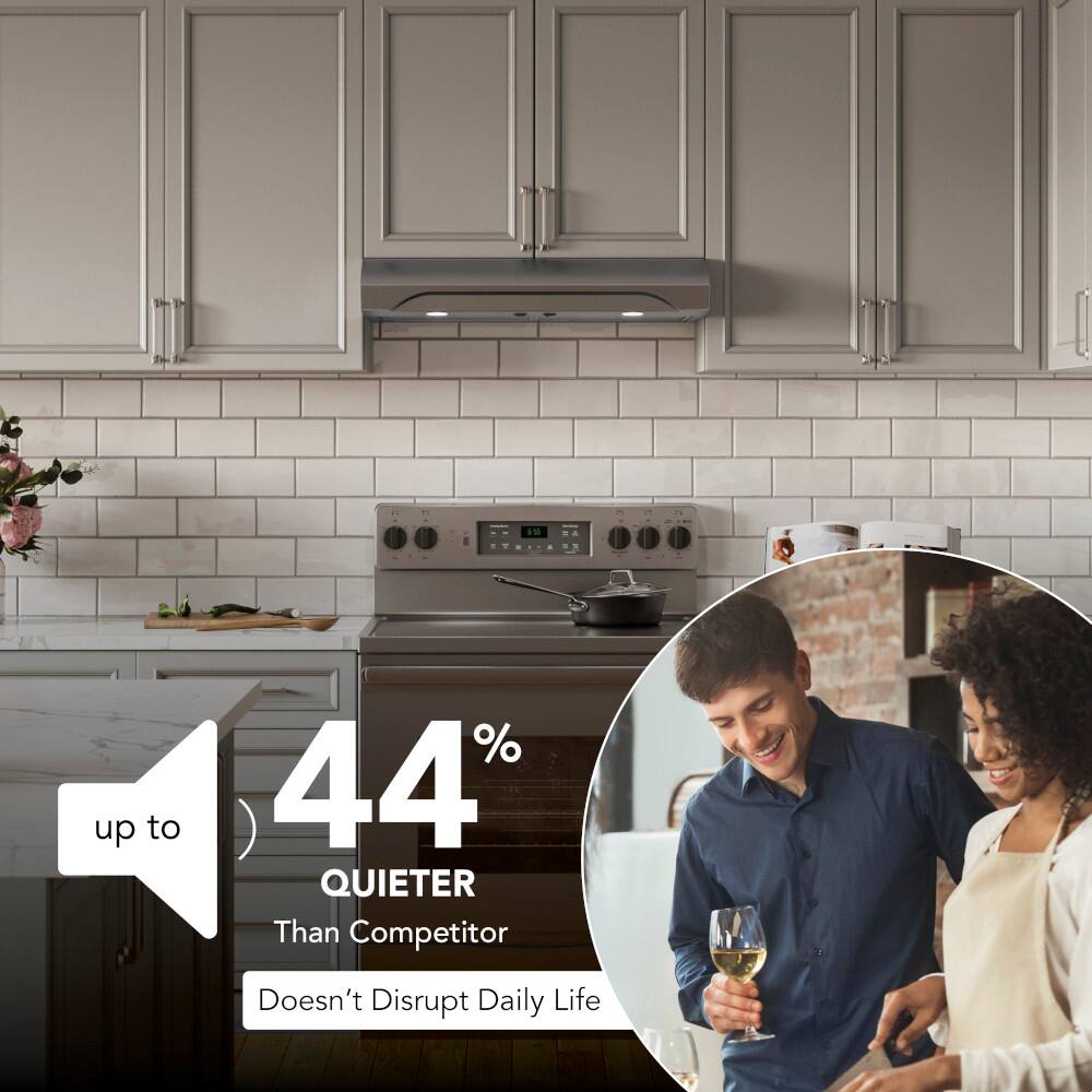 The text on the image is grouped and corrected as follows:

"Up to 44% quieter than competitor, doesn't disrupt daily life."