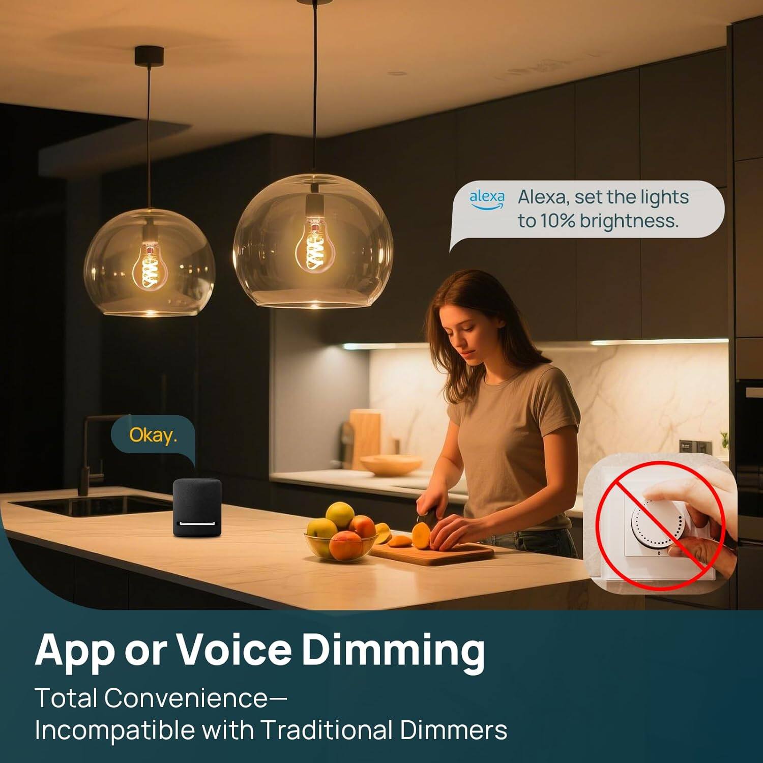 Alexa, set the lights to 10% brightness.  
Okay.  

App or Voice Dimming  
Total Convenience—  
Incompatible with Traditional Dimmers