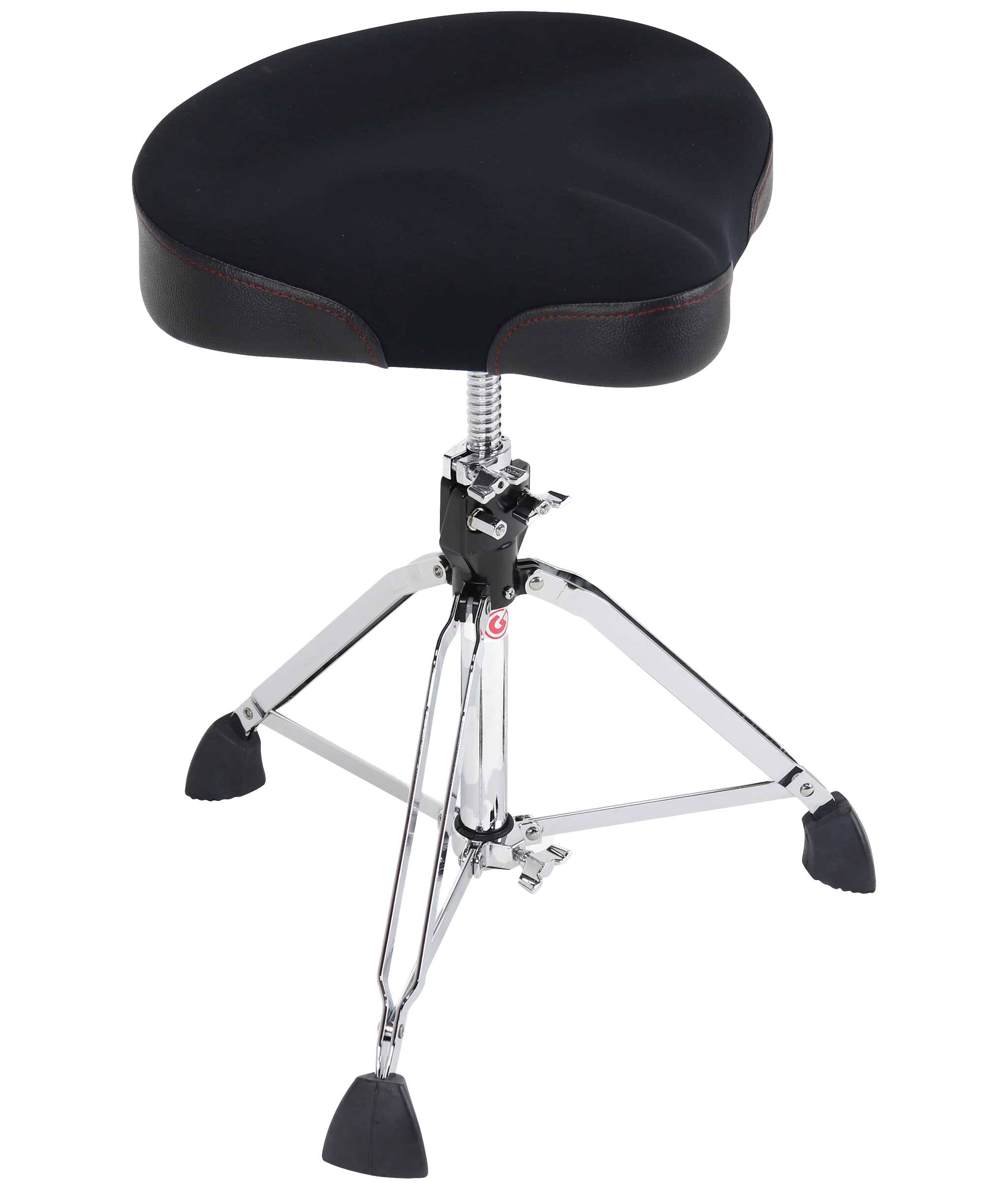 Left. Gibraltar Hardware - 9000 Series Neo Saddle Drum Throne, 16.5” Memory Foam Seat with Neoprene Top, Spin-Lock Height Adjustment.