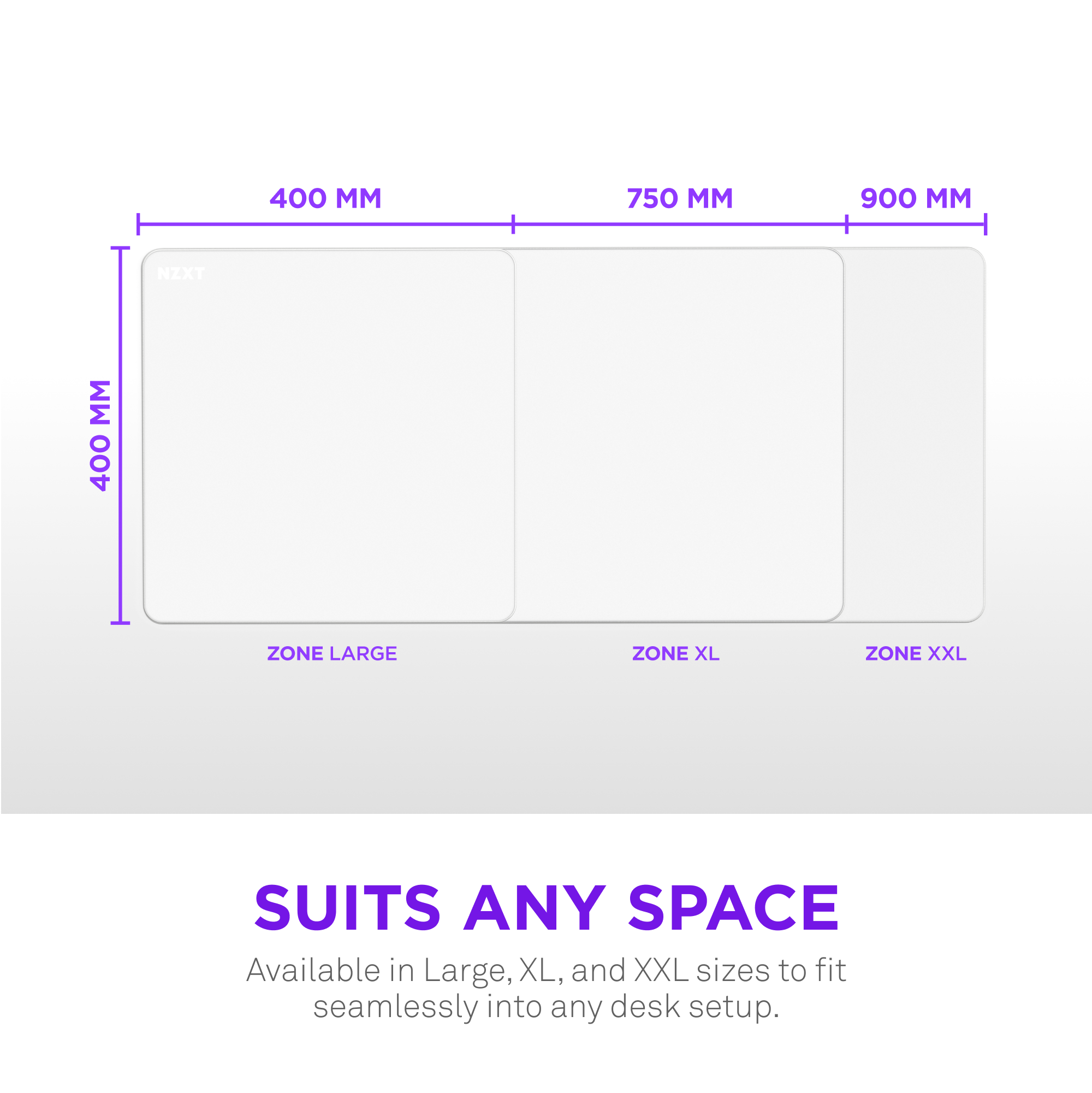 The text on the image is grouped and corrected as follows:
"400 MM 750 MM 900 MM NZXT MM 400 ZONE LARGE ZONE XL ZONE XXL SUITS ANY SPACE Available in Large, XL, and XXL sizes to fit seamlessly into any desk setup."