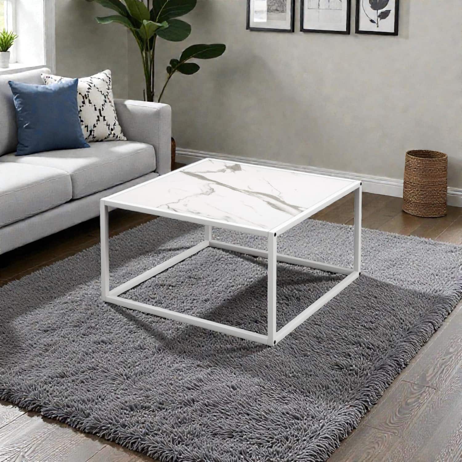 Hivvago - Square Center Table with Elegant Artificial Marble Finish - White