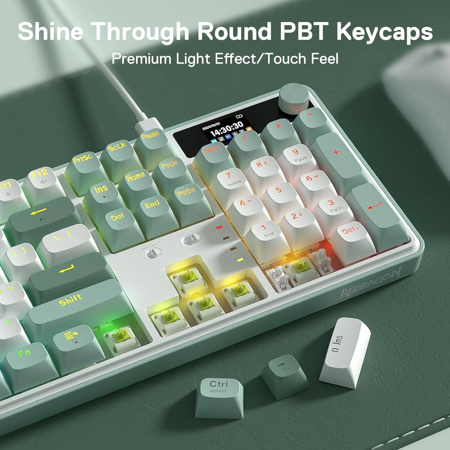 Shine Through Round PBT Keycaps  
Premium Light Effect/Touch Feel

2024/10/01 14:30:30  
Pause ScLk Num y PrtSc PgUp 8 f PgUp F12 Home 7 6 11 Home & Ins PgDn 5 End 4 3 PgDn Del 21 1 Del.  
2011-2018 End Shift REDRAGON Ins Fn () n  
Ctrl option