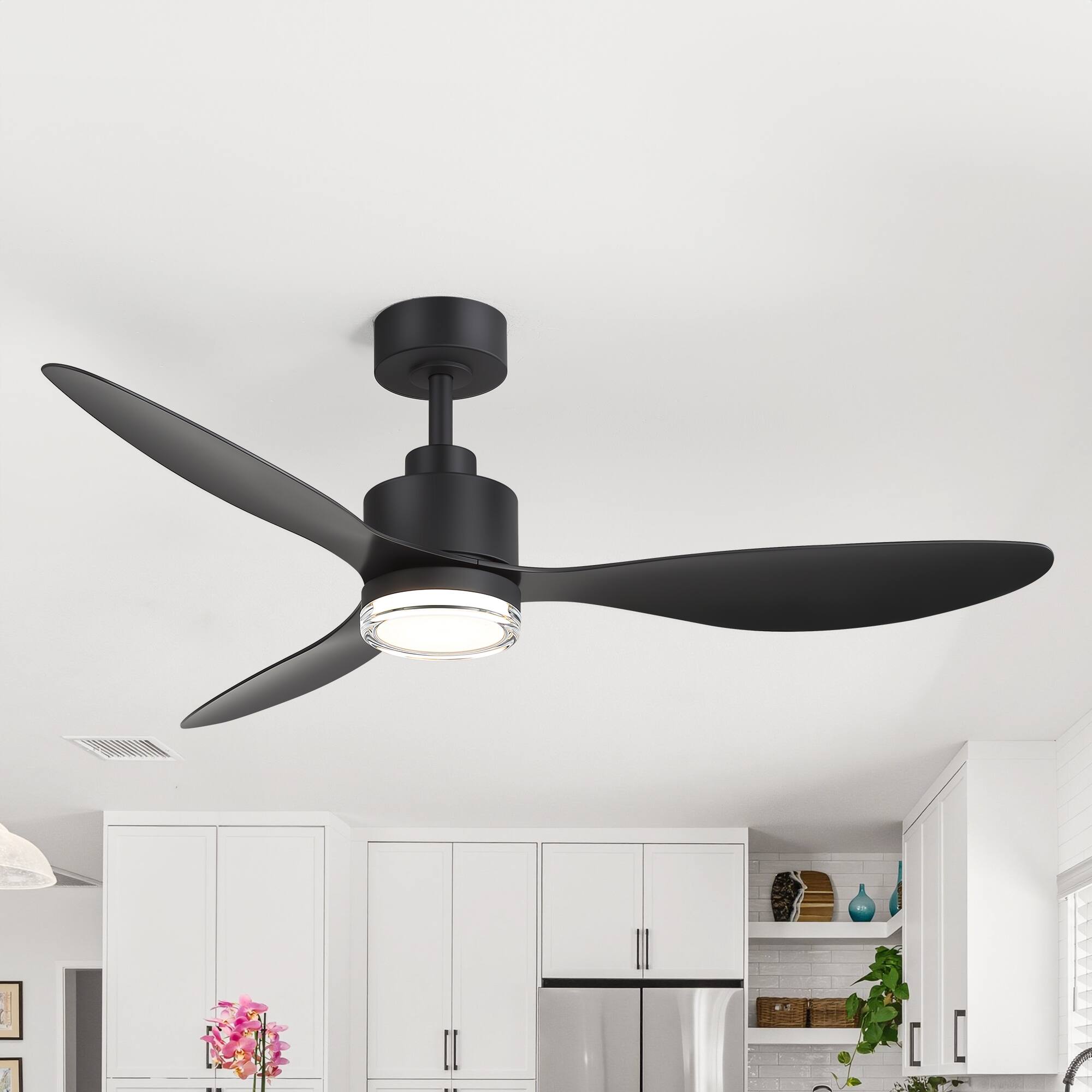 Back. Breezary - 52-Inch Modern LED Ceiling Fan with Remote, 6'' Downrod, 3 ABS Blades, 6-Speed DC Motor, Reversible & Timer - black.