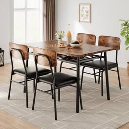 Qeetex - 5-Piece Dining Set for 4 with Storage, Wood Tabletop & Metal Frame, Upholstered Chairs, Compact for Small Spaces - Brown