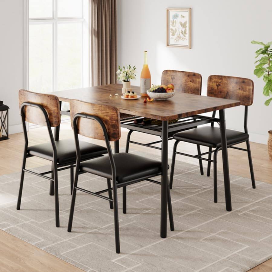 Front. Qeetex - 5-Piece Dining Set for 4 with Storage, Wood Tabletop & Metal Frame, Upholstered Chairs, Compact for Small Spaces - Brown.