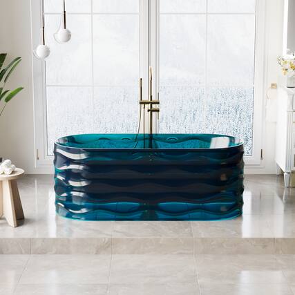 Front. WELLFOR - OLA 62 in x 27 in Resin Solid Surface Flatbottom Freestanding Soaking Bathtub with Center Drain - Flowing Blue.