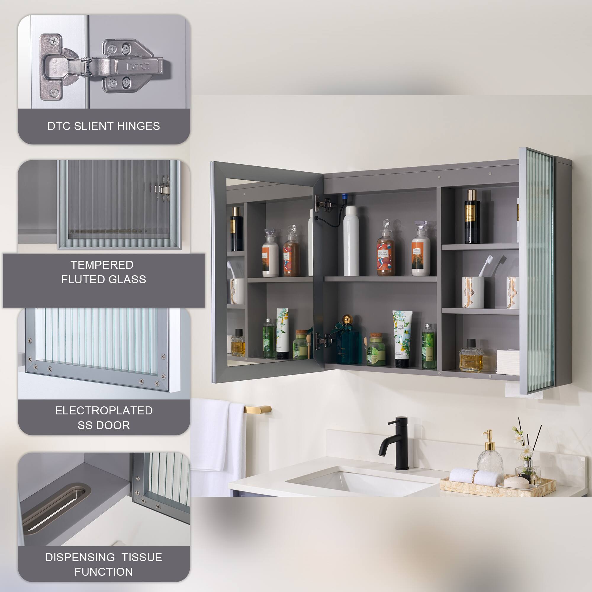 DTC Silent Hinges  
Tempered Fluted Glass  
Electroplated SS Door  
Dispensing Tissue Function