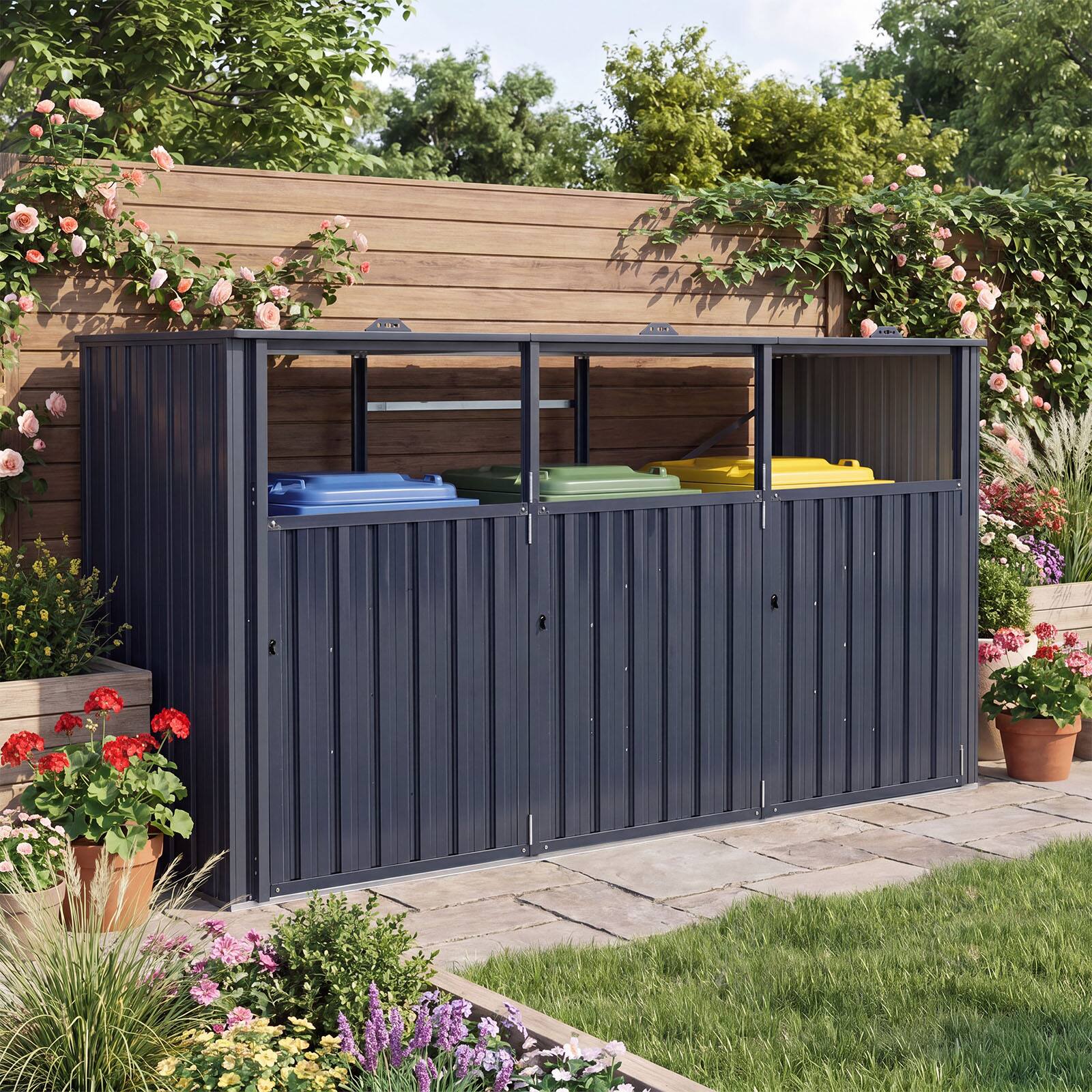 Alt View 3. Costway - Costway 3-Bin Metal Trash Can Storage Shed,7.8 x 2.6FT Patio Garbage Shed with Flip-Up Lids - Dark Gray.