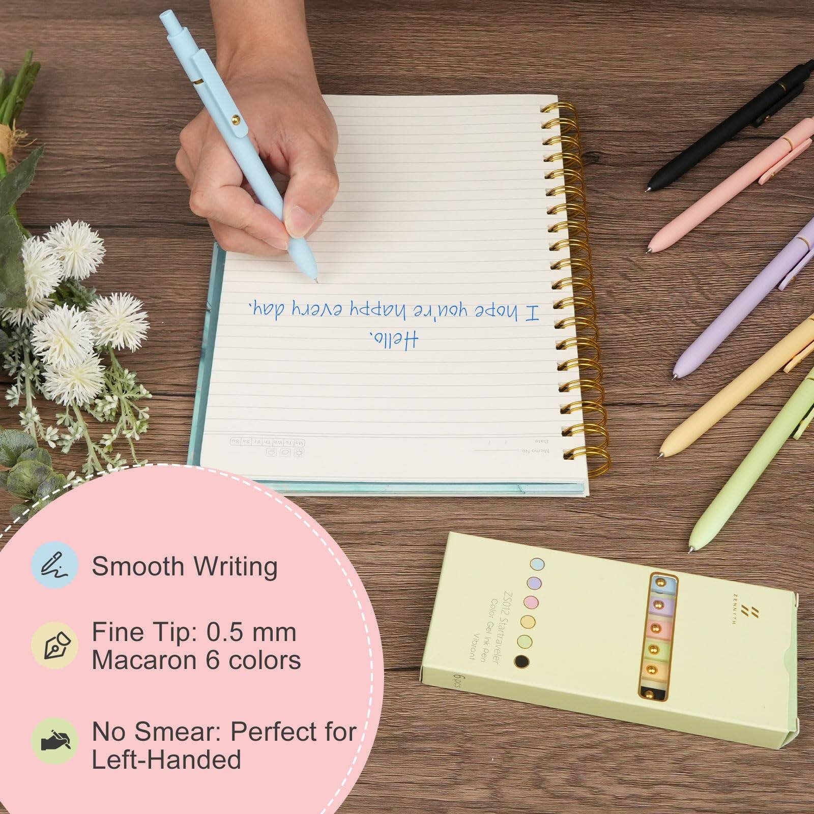 Sure, here is the corrected and grouped text:

---

**Product Features:**
- Smooth Writing
- Fine Tip: 0.5 mm
- Macaron 6 colors
- No Smear: Perfect for Left-Handed

**Text on the Notebook:**
- "I hope every happy day is a good one"
- "Hello"

**Additional Text:**
- "Color Gel Pen"
- "Z5012 Gel Pen"
- "Startraveler"