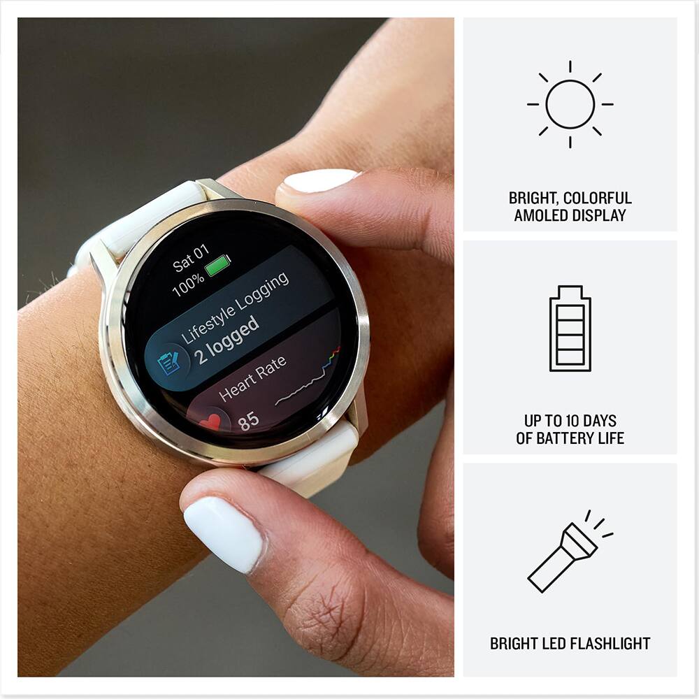 - BRIGHT, COLORFUL AMOLED DISPLAY
- UP TO 10 DAYS OF BATTERY LIFE
- BRIGHT LED FLASHLIGHT
