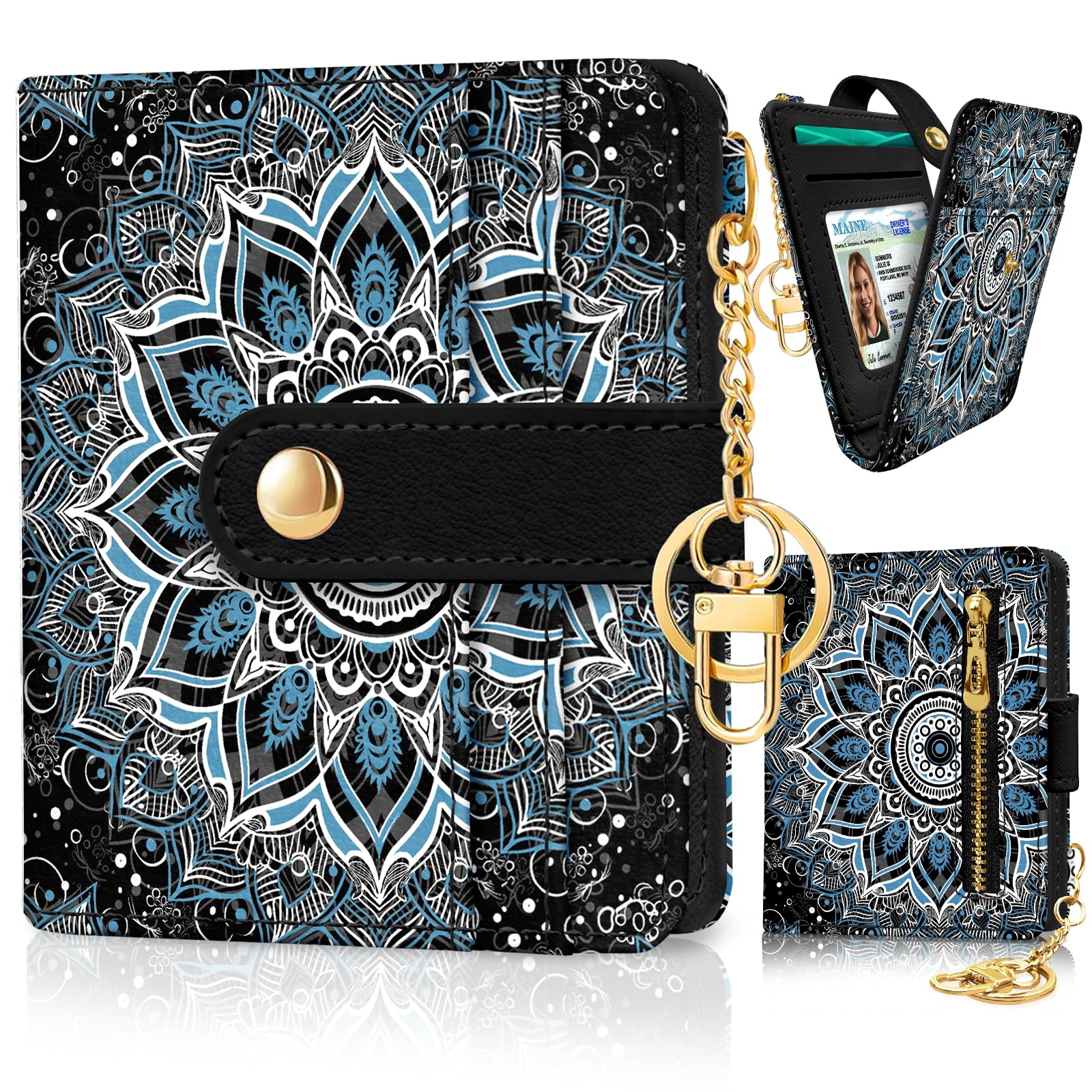 Jadie Link - Black Cat Floral Rfid Women Wallet Small Slim Thin Credit Card Leather Bifold Zipper Pocket Window Female Ladies Teen - Mandala