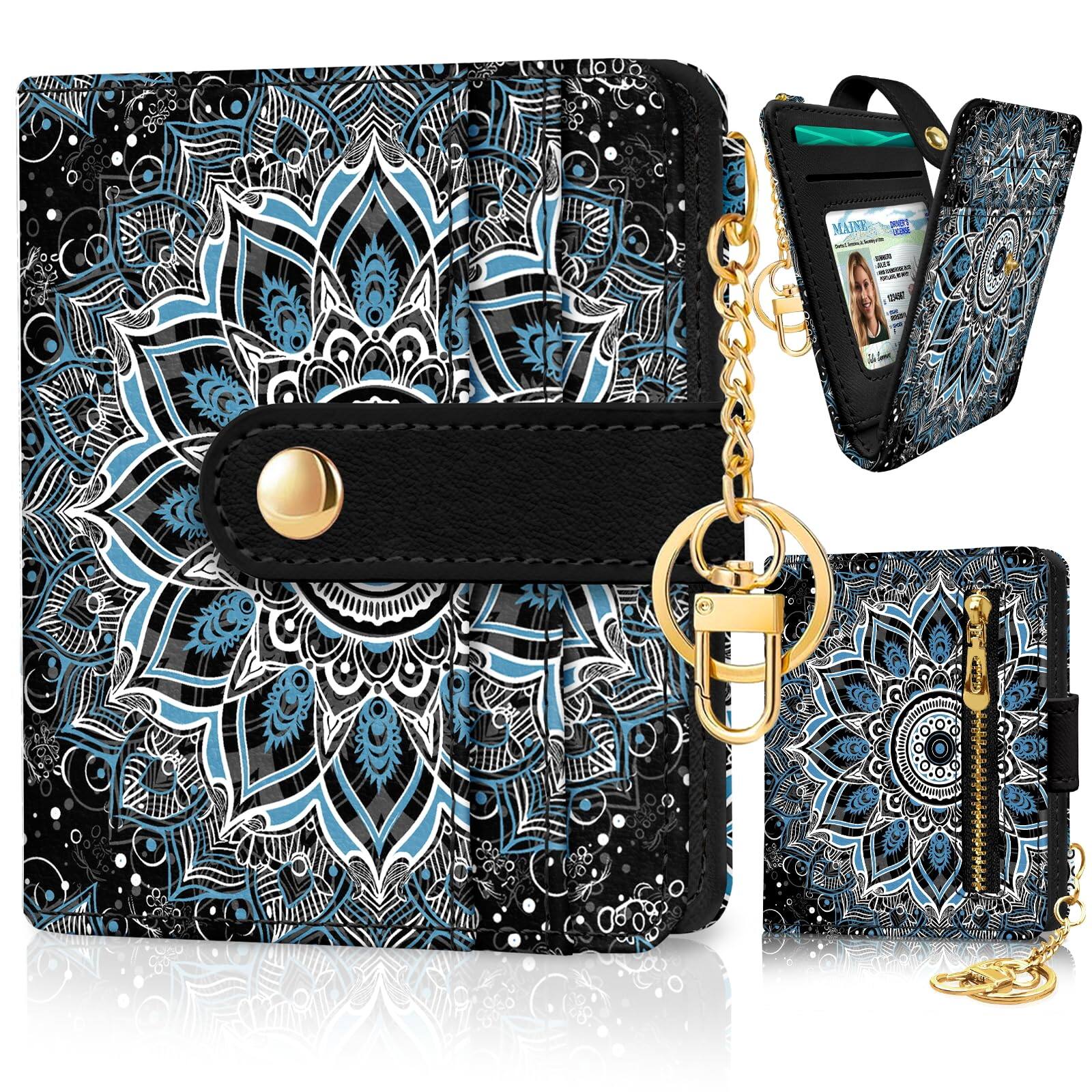 Front. Jadie Link - Black Cat Floral Rfid Women Wallet Small Slim Thin Credit Card Leather Bifold Zipper Pocket Window Female Ladies Teen - Mandala.