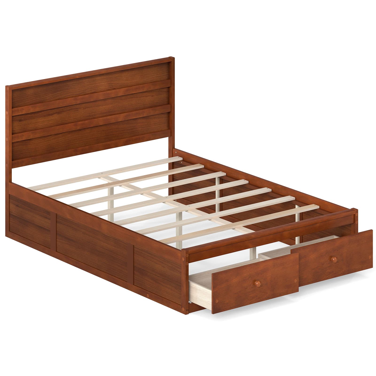 Gymax - Full Size Bed Frame w/Storage Drawers Headboard Wooden Slat Support Walnut - Brown