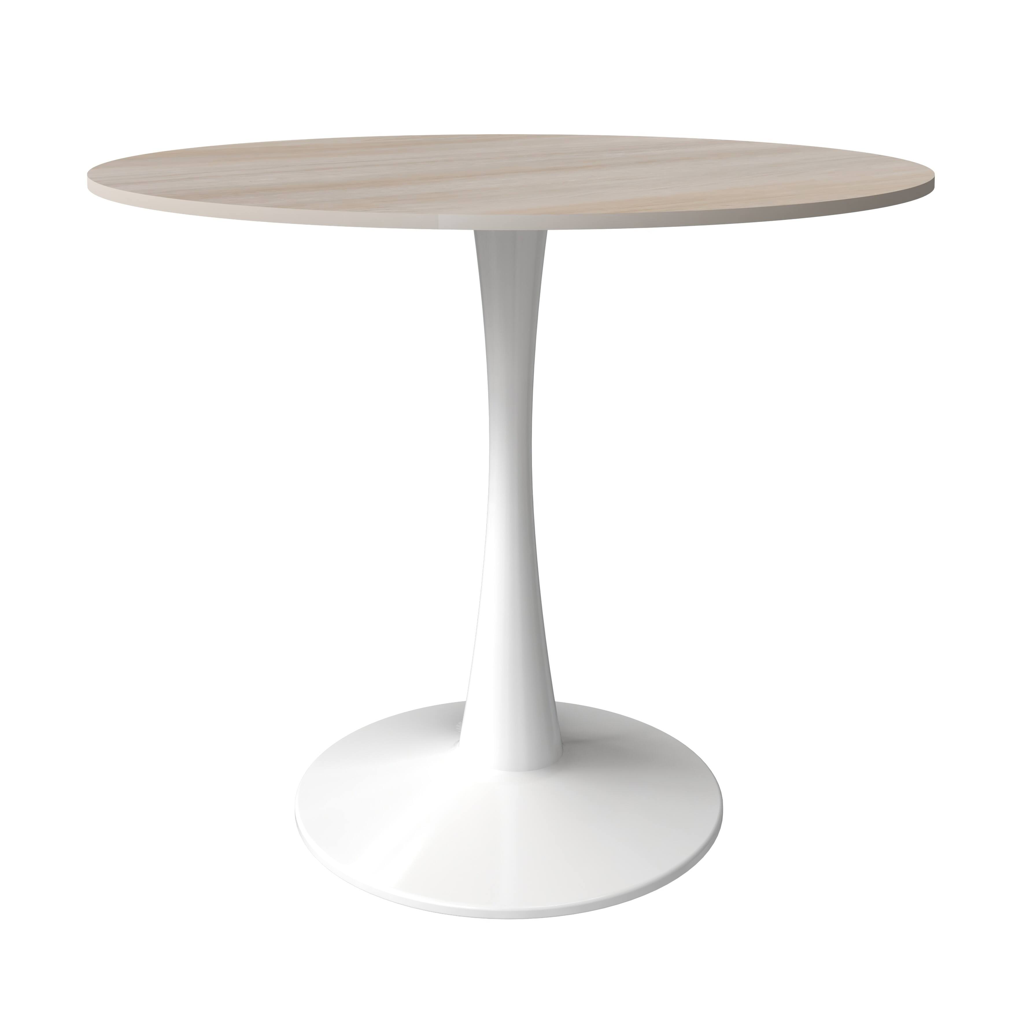 Alt View 2. LeisureMod - Bristol Modern 35" MDF/Stone Round Dining Table, Mid-Century with White Pedestal Base for Kitchen - Stone - Natural Wood.