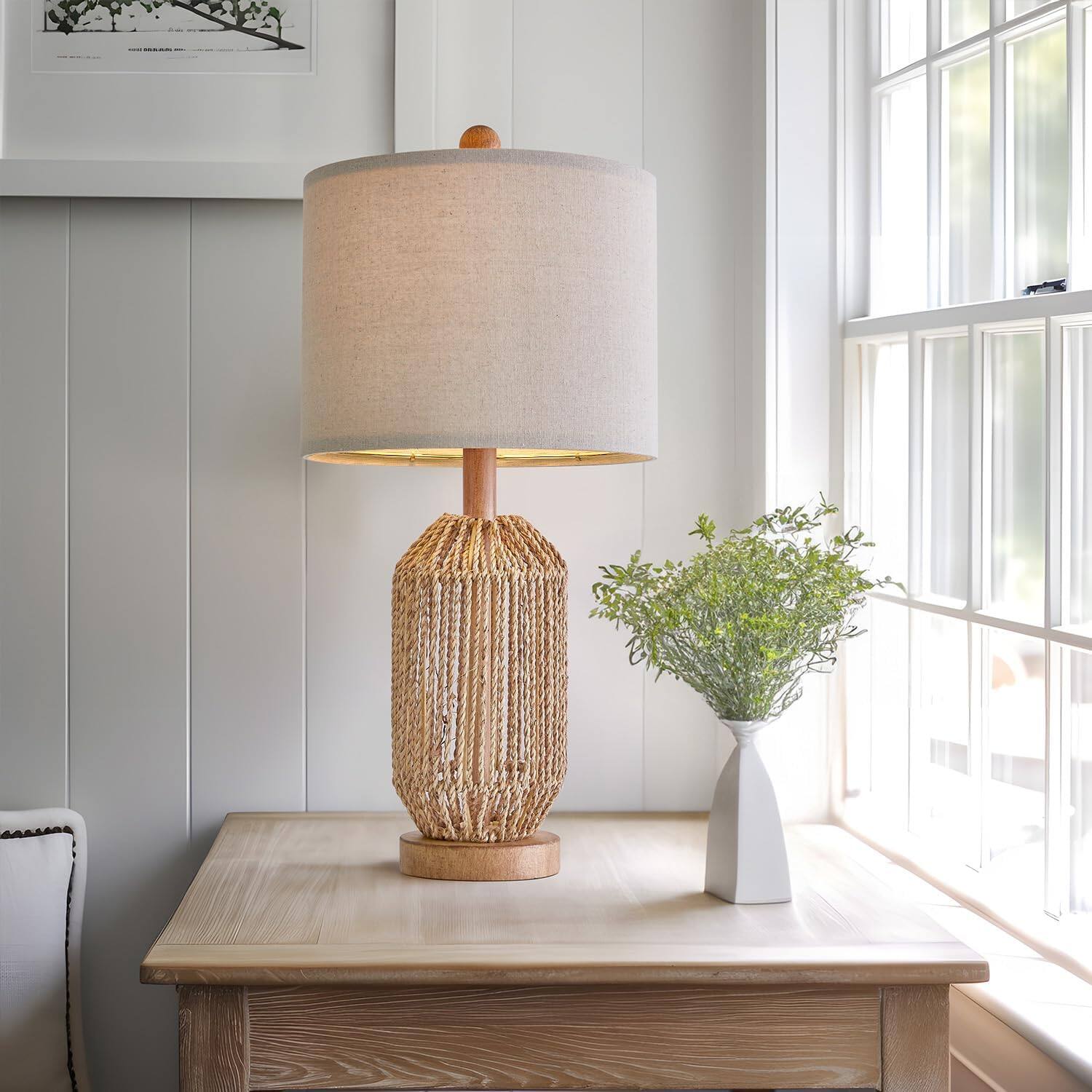 Left. Stamp n Camp - OYEARS 21" Boho Table Lamp for Living Room Bedside Lamp for Nightstands Rattan Lamp for Bedroom Farmhouse Table Lamp... - Brown - Pack 2.