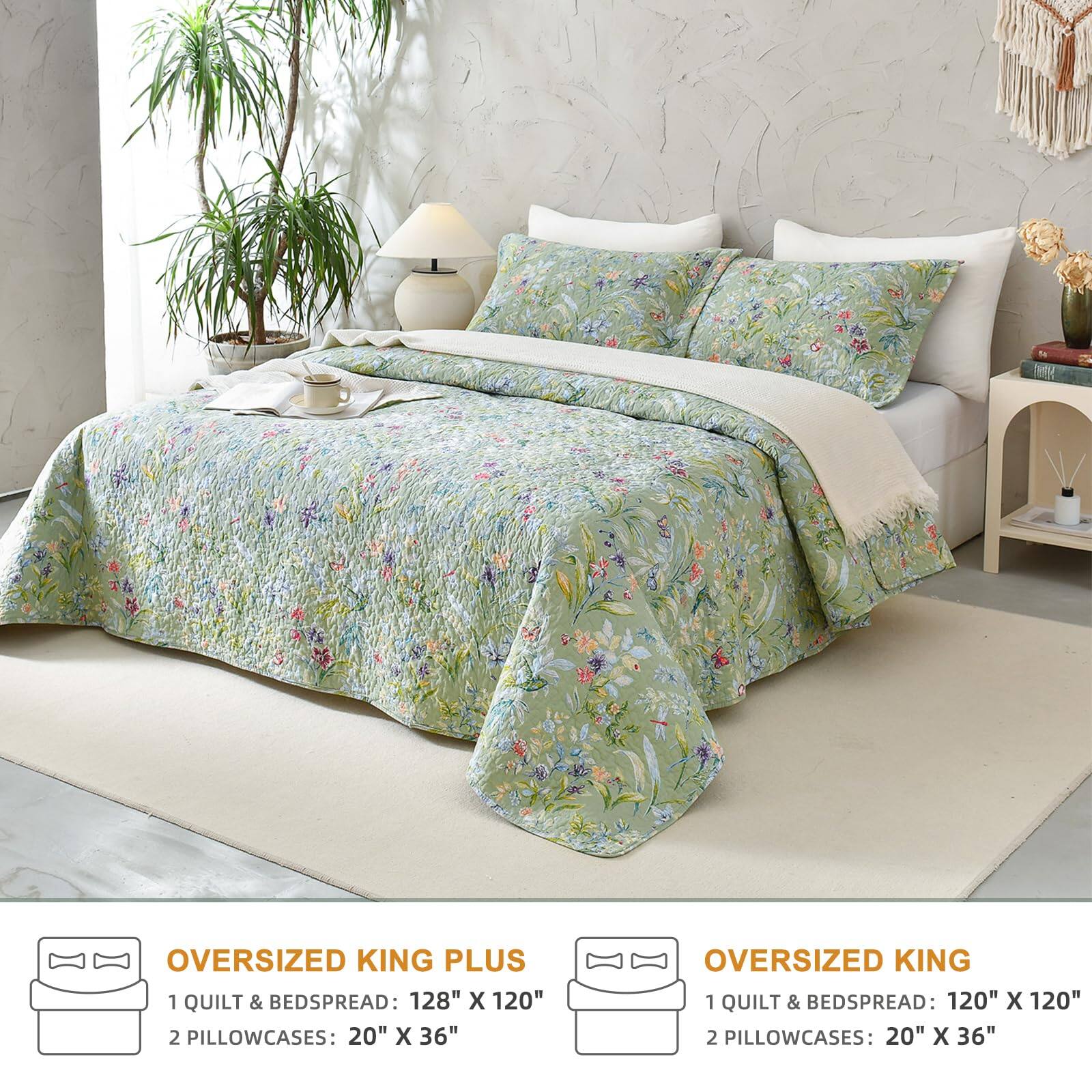 **Oversized King Plus**  
1 Quilt & Bedspread: 128" x 120"  
2 Pillowcases: 20" x 36"

**Oversized King**  
1 Quilt & Bedspread: 120" x 120"  
2 Pillowcases: 20" x 36"