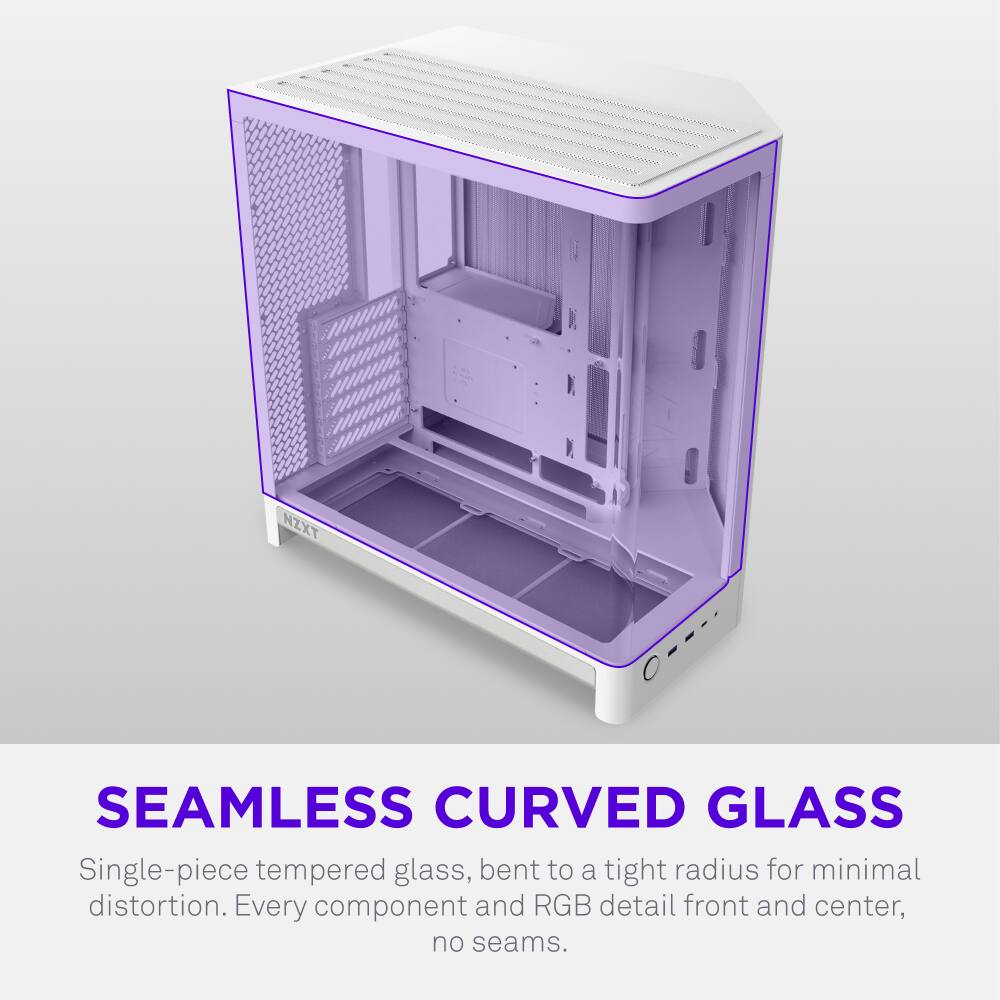 NZXT SEAMLESS CURVED GLASS

Single-piece tempered glass, bent to a tight radius for minimal distortion. Every component and RGB detail front and center, no seams.