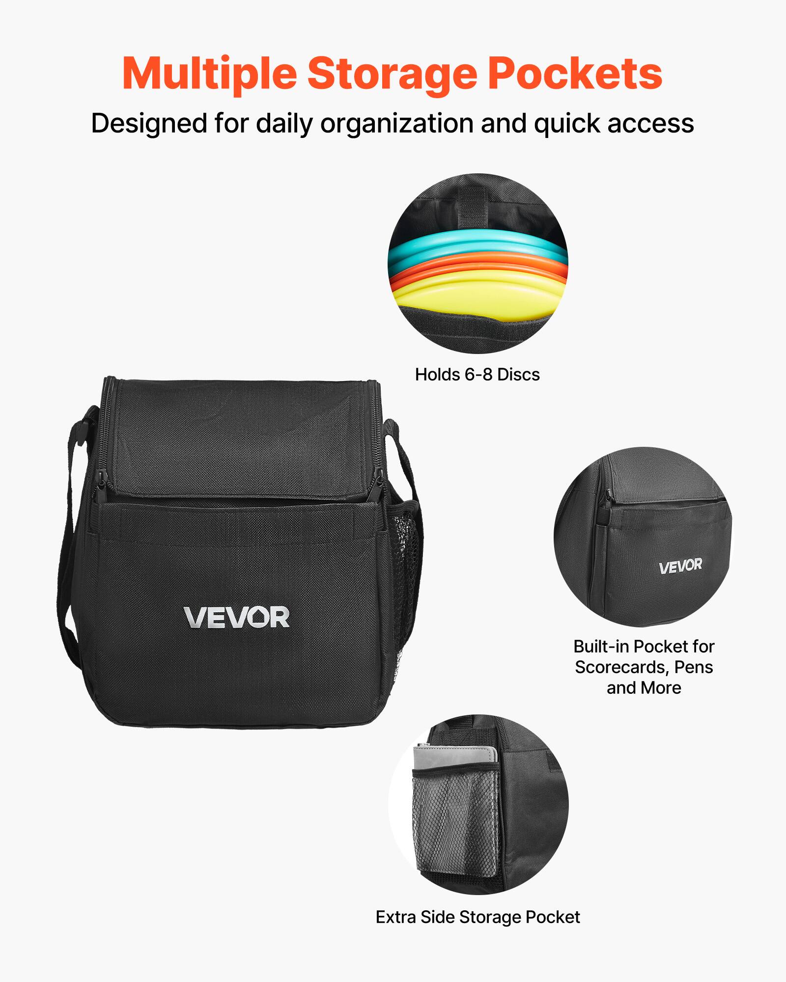 Multiple Storage Pockets  
Designed for daily organization and quick access  

Holds 6-8 Discs  

Built-in Pocket for Scorecards, Pens and More  

Extra Side Storage Pocket