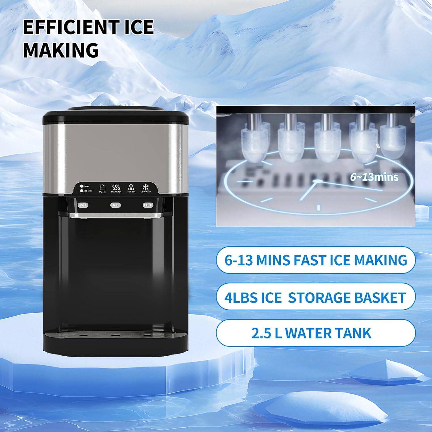 EFFICIENT ICE MAKING

6-13 MINS FAST ICE MAKING

4LBS ICE STORAGE BASKET

2.5 L WATER TANK